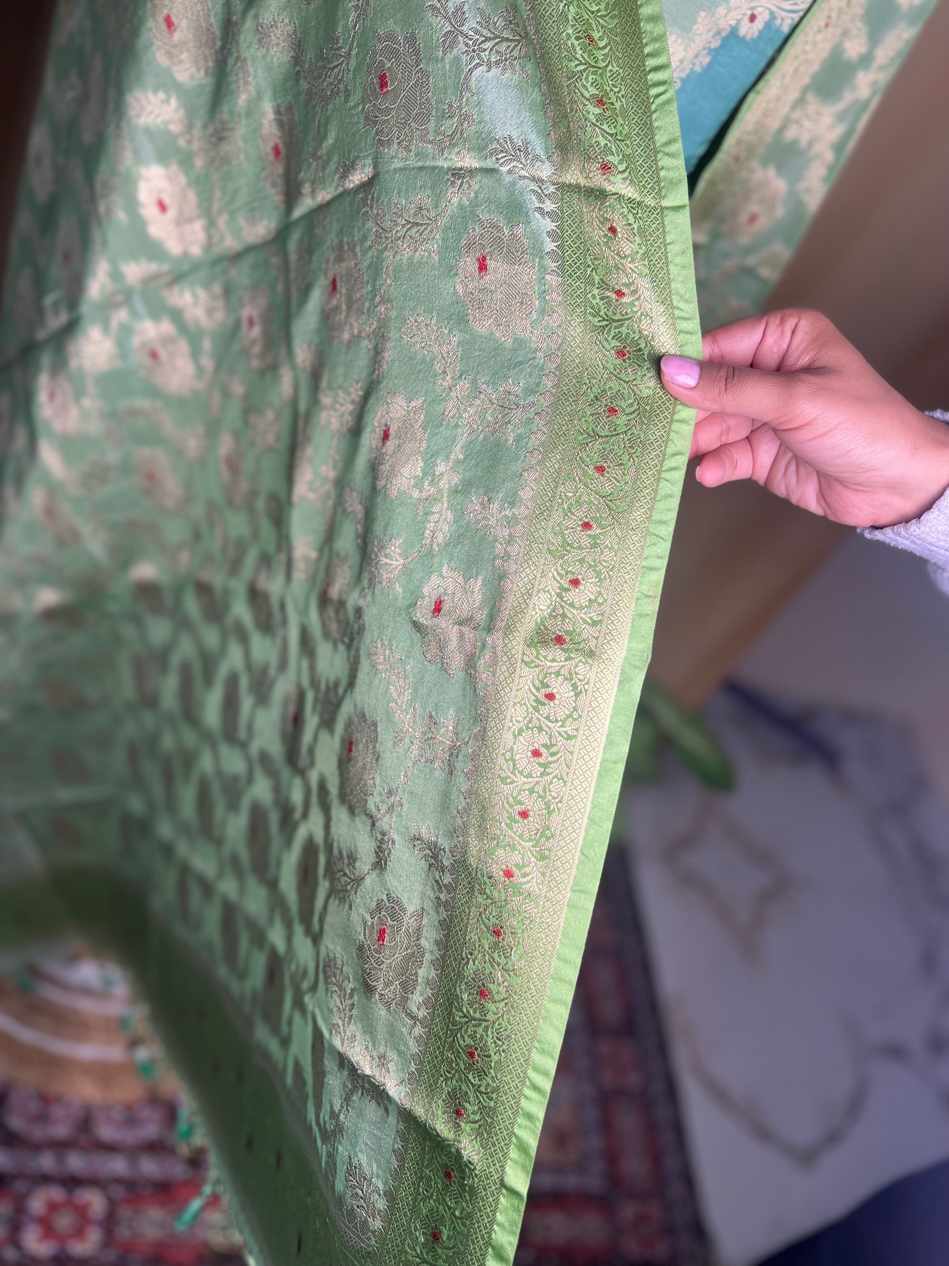 Fresh Green Banarasi Silk Suit With Fine Zari Woven Dupatta