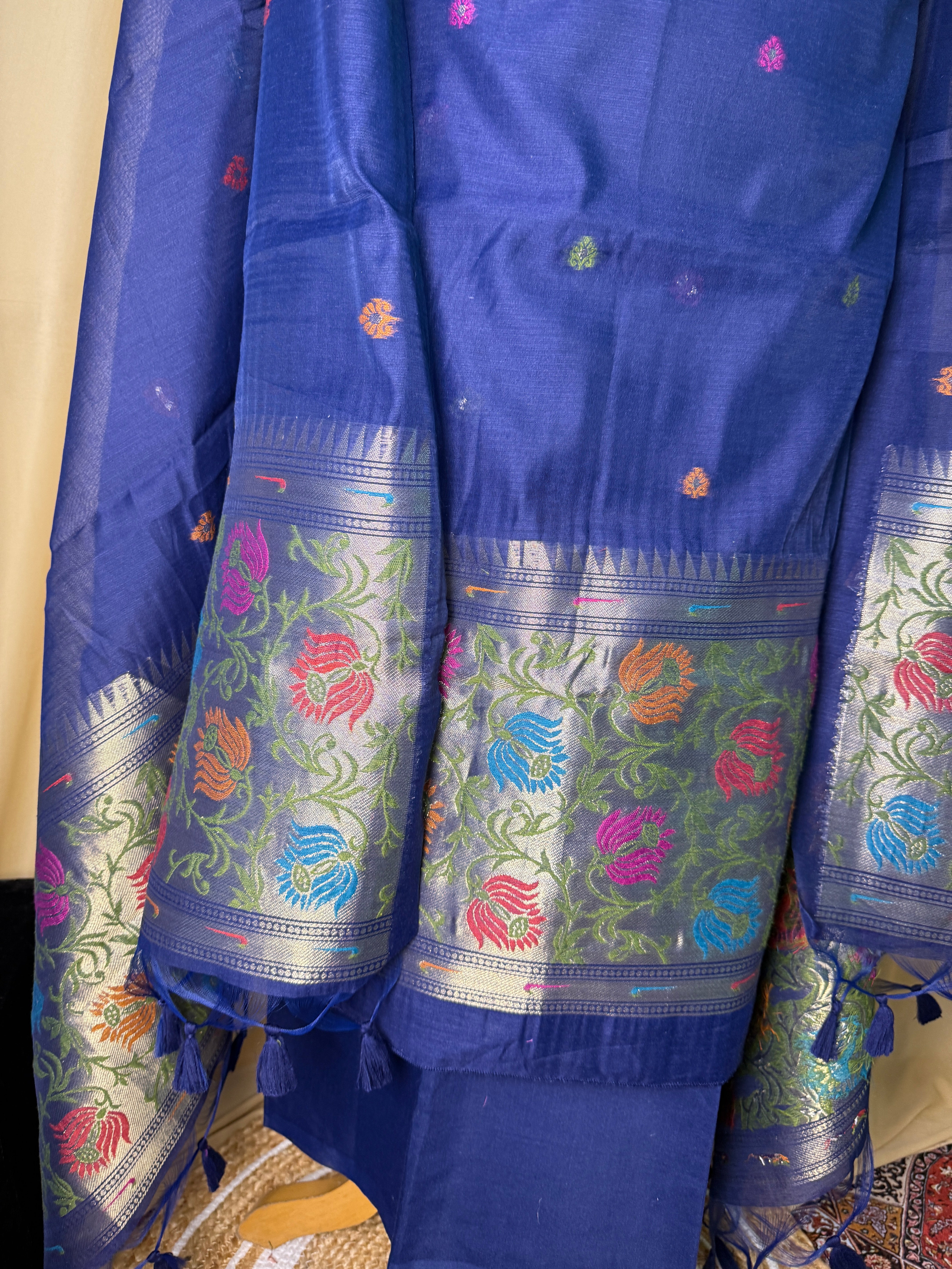 Linen Cotton Blue Suit Set with Printed Border Dupatta – Comfortable Ethnic Wear