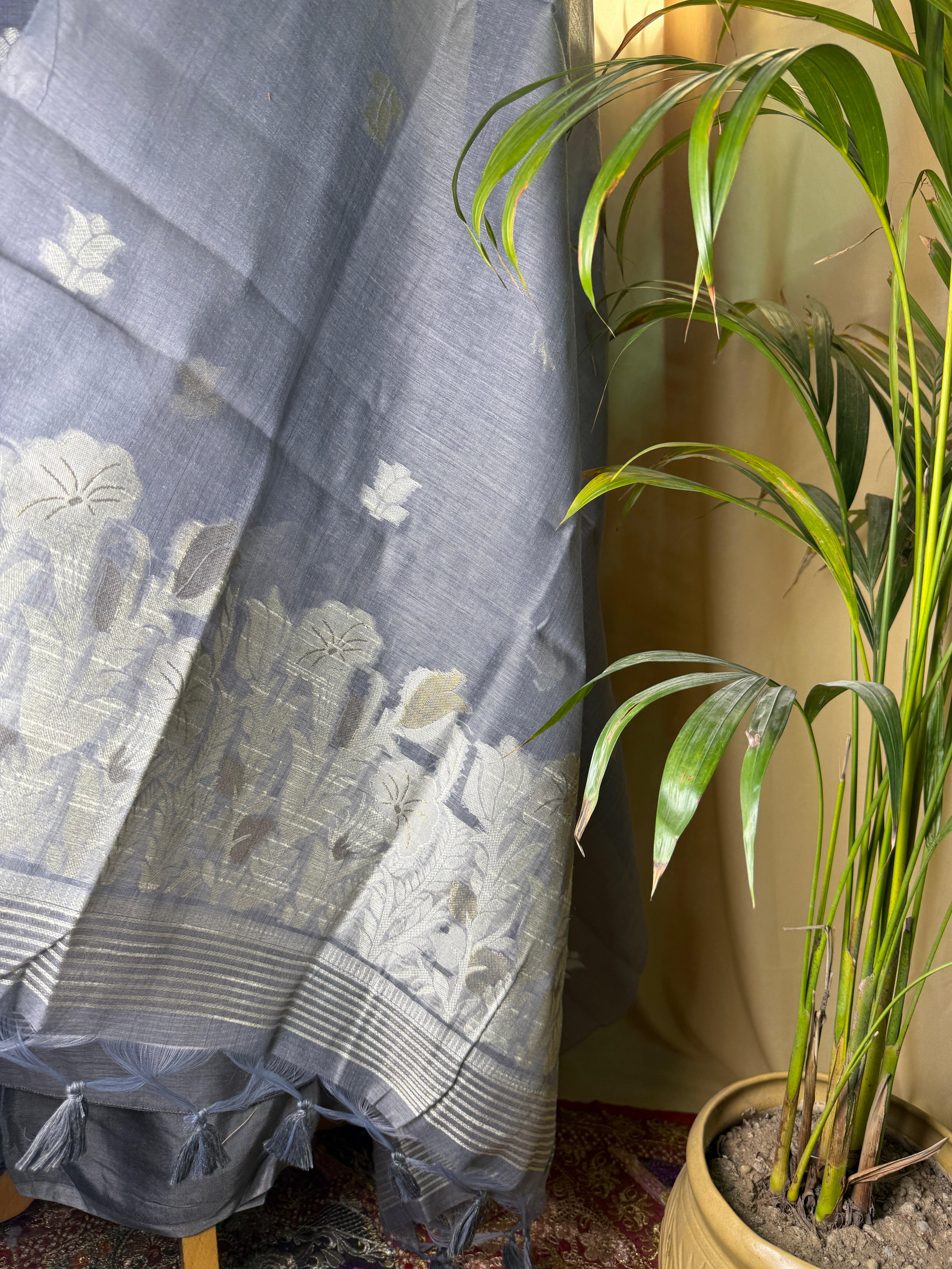 Soft Grey Linen Cotton Suit with Jamdani Floral Dupatta – Minimal & Elegant Ethnic Set