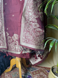 Maroon Linen Cotton Suit with Elegant Jamdani Floral Dupatta – Soft & Graceful Ethnic Set