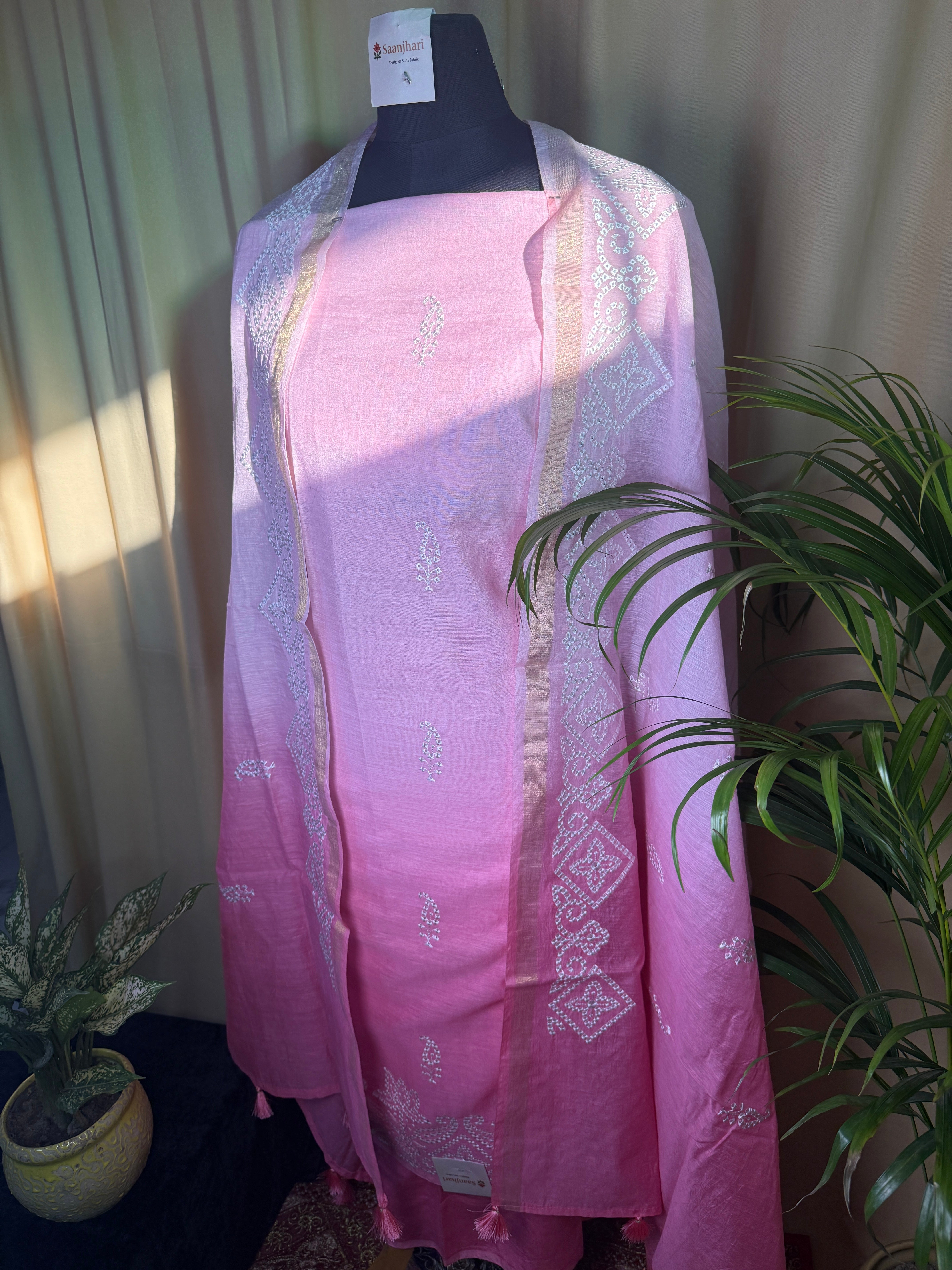 Soft Pink Linen Cotton Suit with Delicate Thread Work