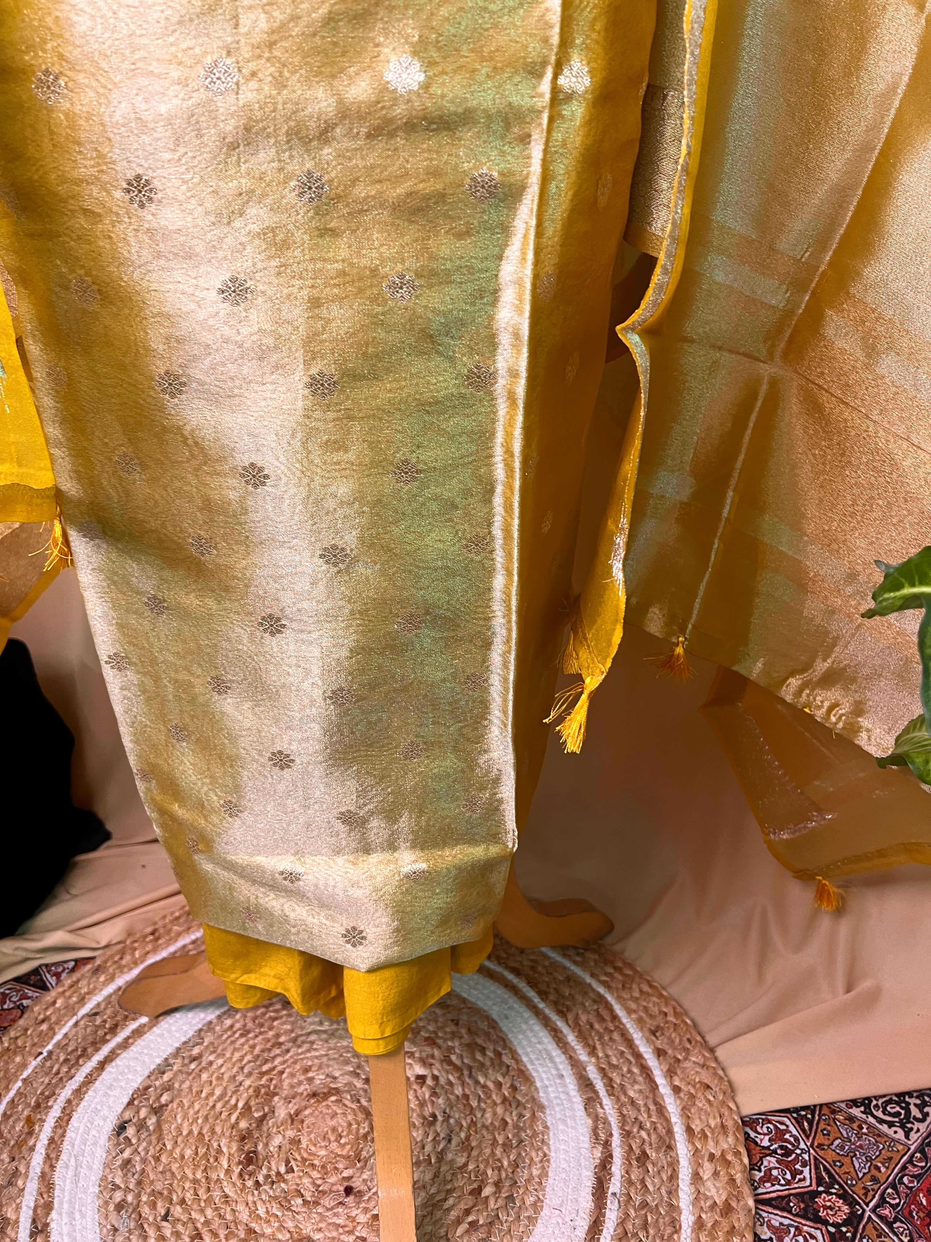 Golden Tissue Organza Suit Set with Zari Work & Matching Dupatta