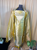Golden Tissue Organza Suit Set with Zari Work & Matching Dupatta