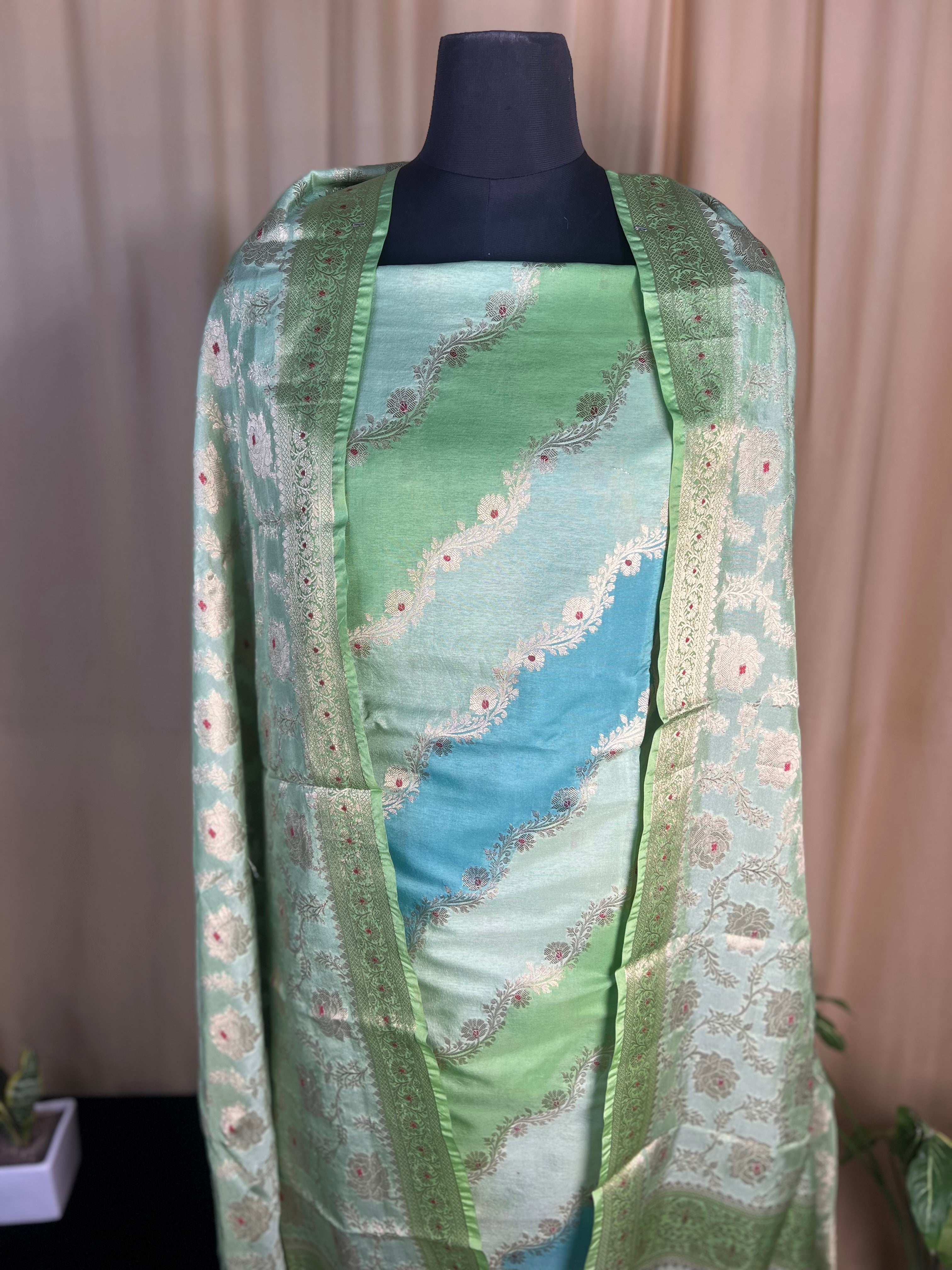 Fresh Green Banarasi Silk Suit With Fine Zari Woven Dupatta