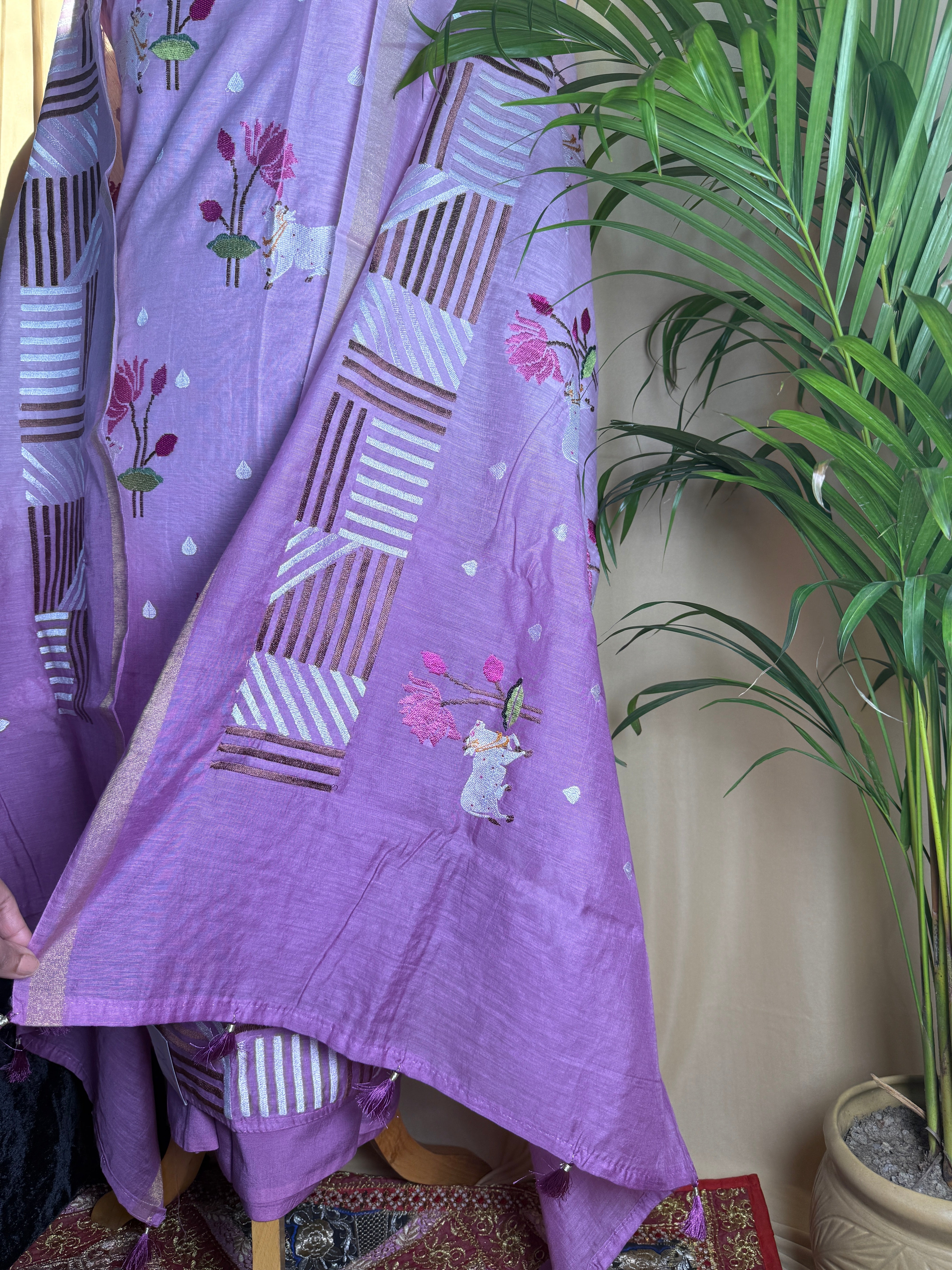 Lavender Chanderi Silk Suit with Floral Thread Art Work