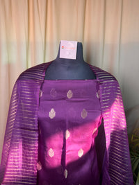 Purple Banarasi Silk Unstitched Suit with Zari Work & Organza Dupatta