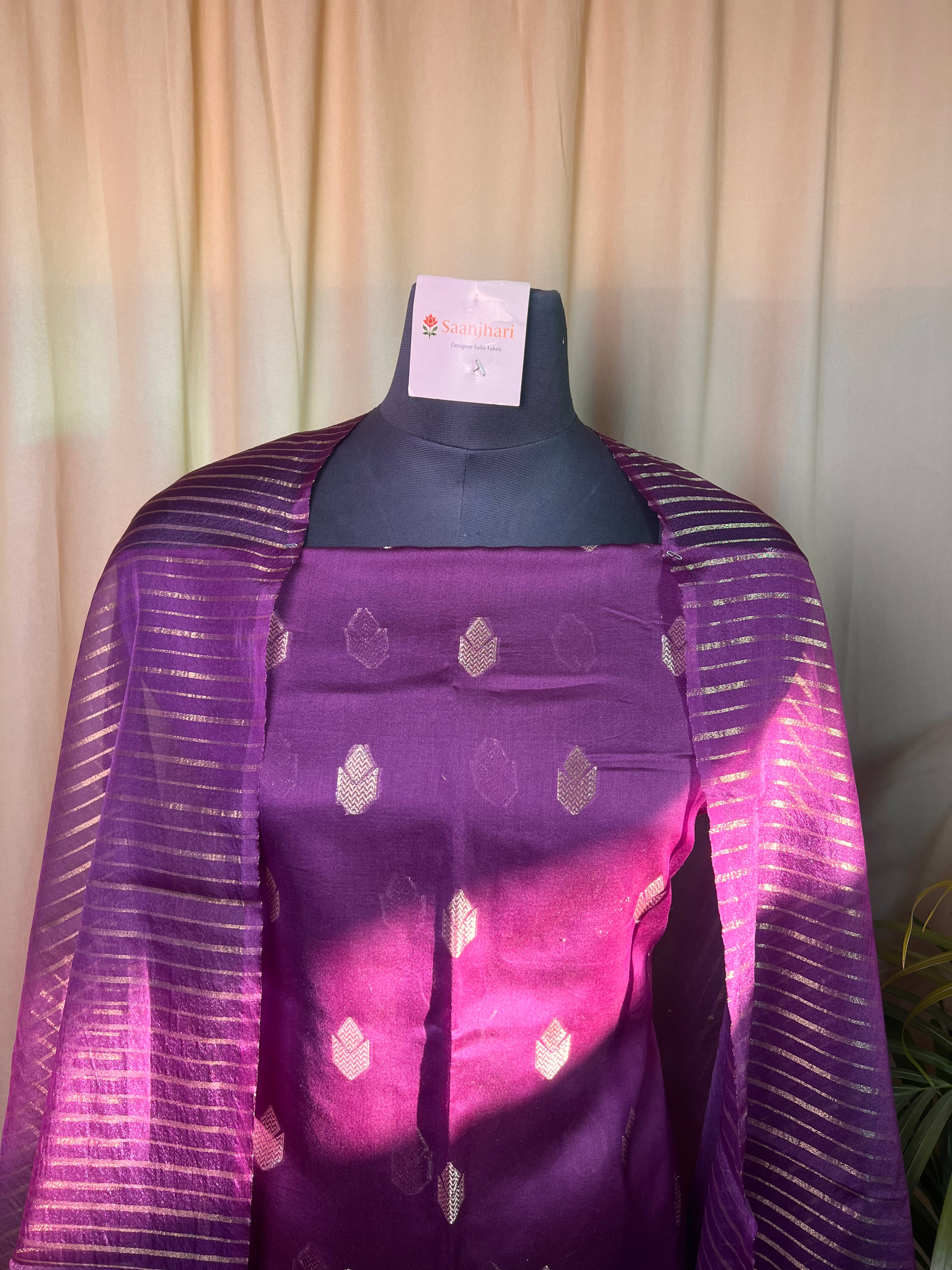 Purple Banarasi Silk Unstitched Suit with Zari Work & Organza Dupatta