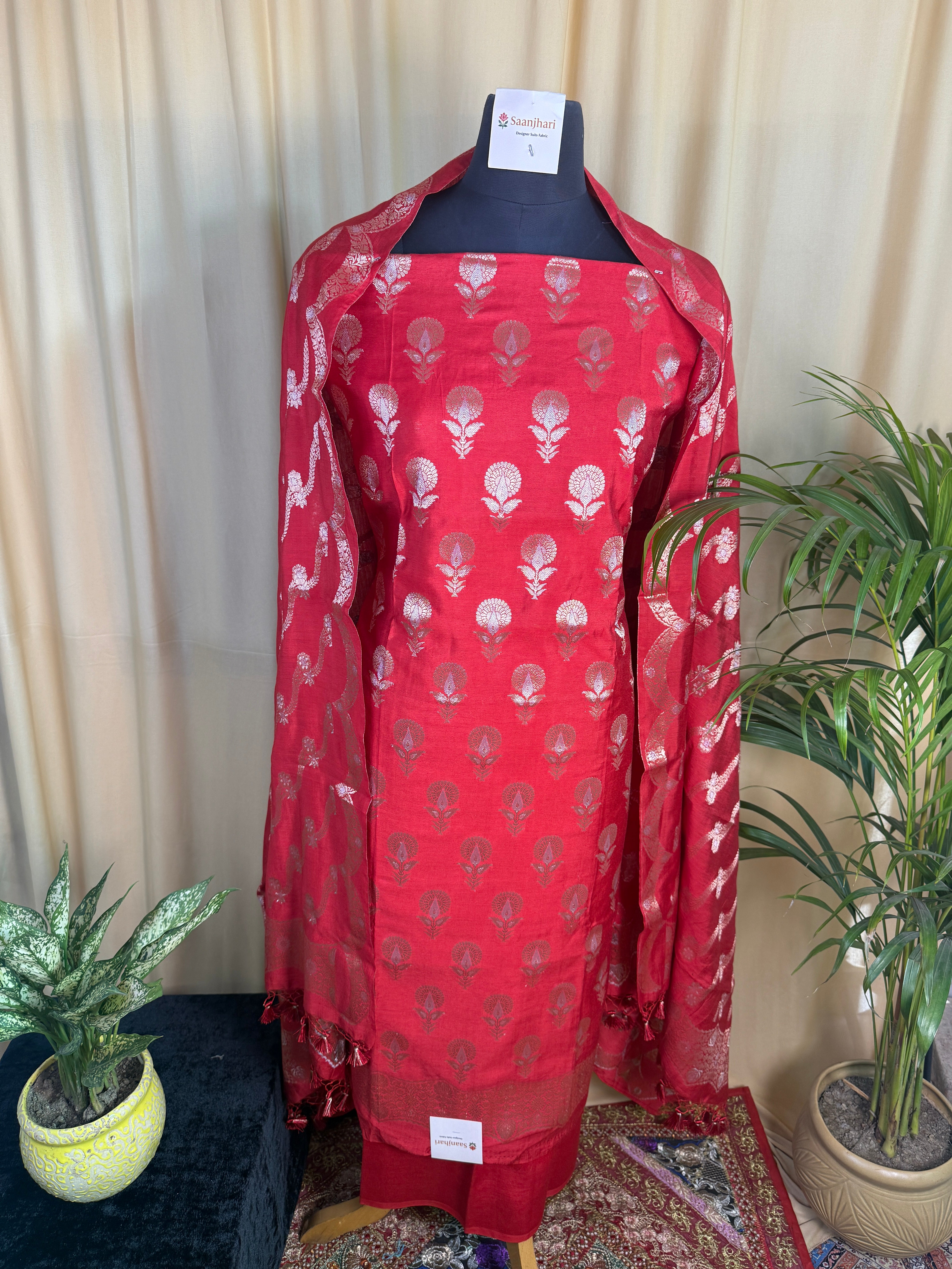 Red Banarasi Silk Suit with Zari Floral Work & Bandhani Dupatta