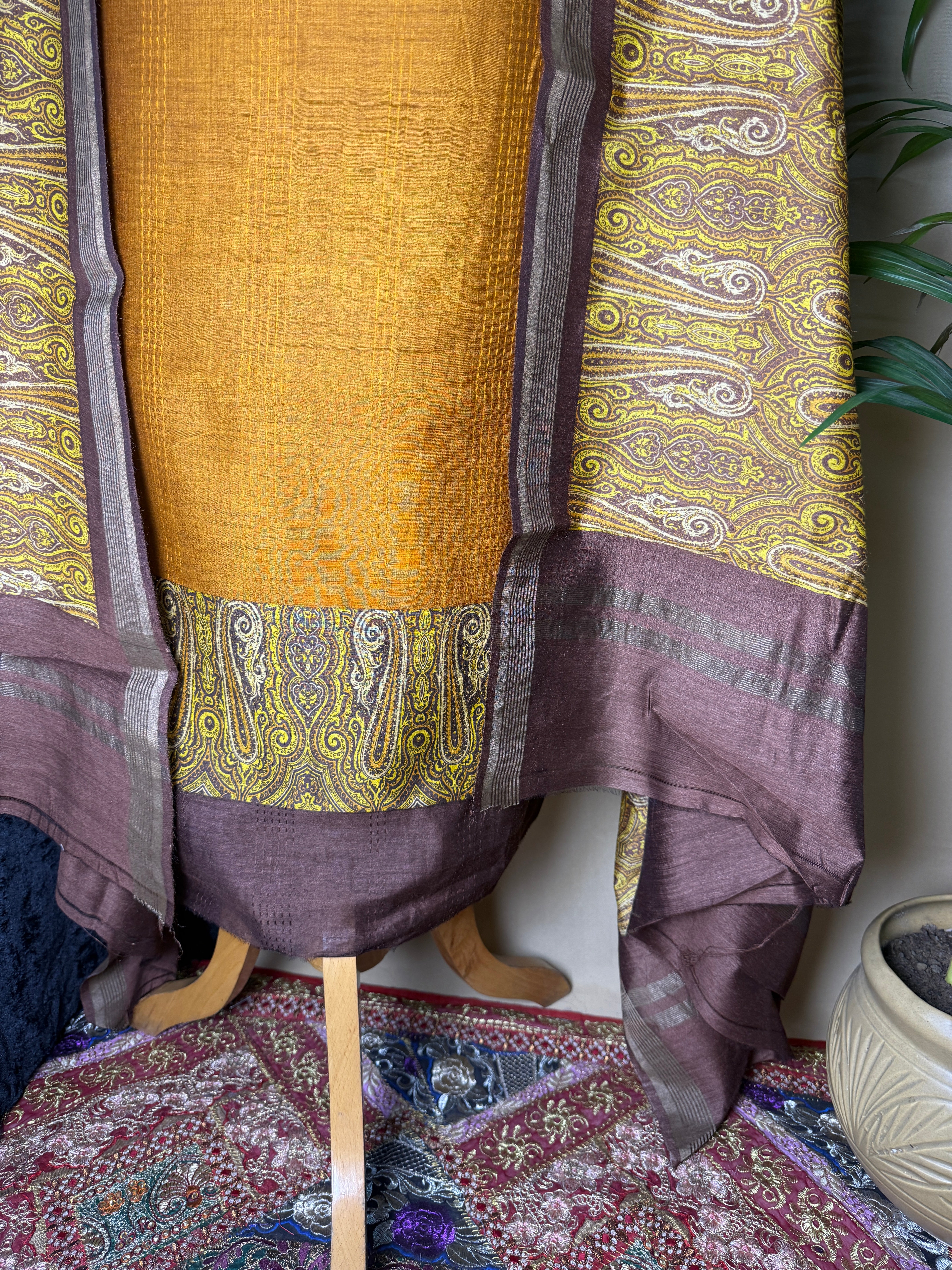 Earthy Mustard Tussar Silk Suit with Woven Border Dupatta