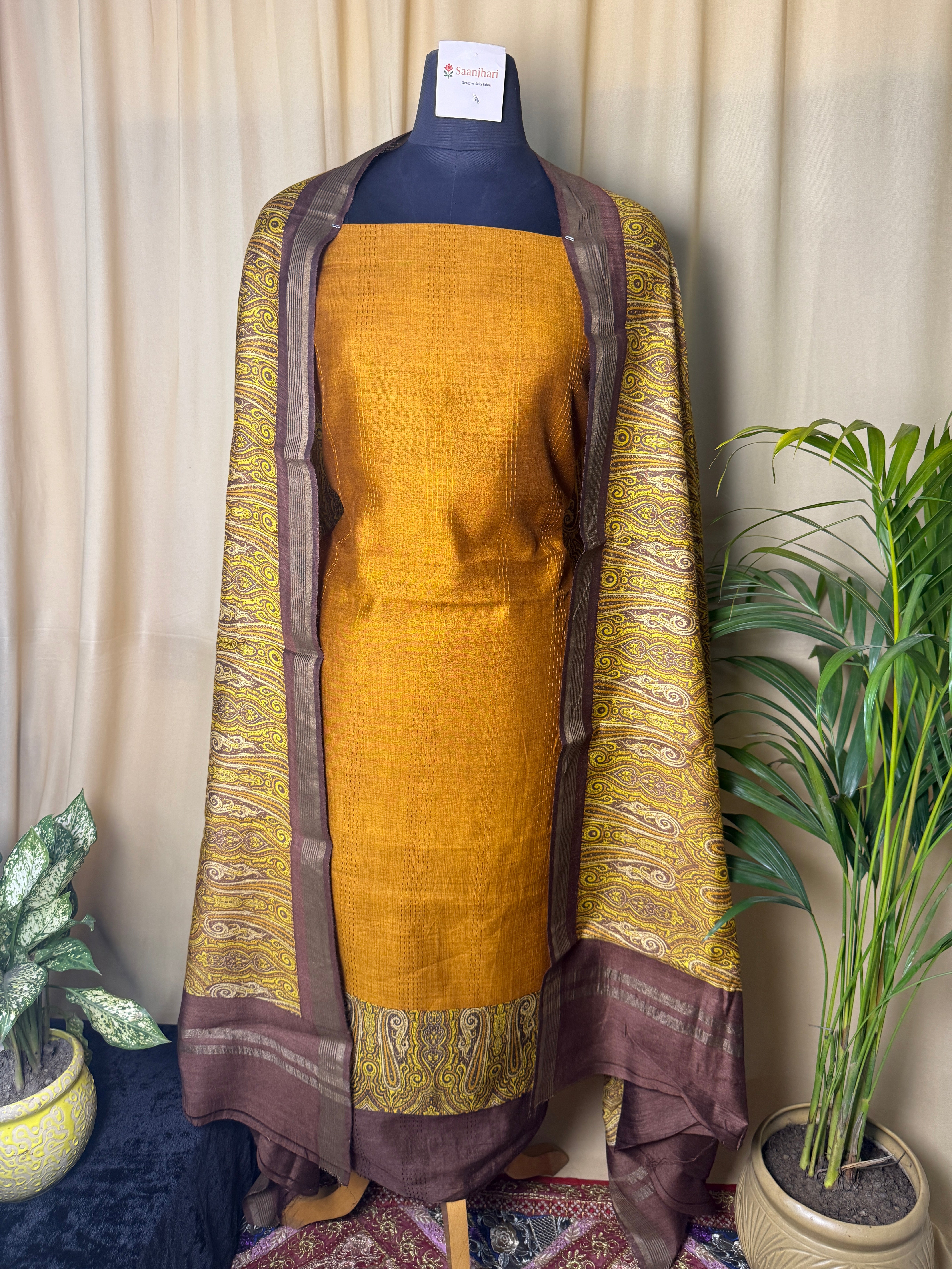 Earthy Mustard Tussar Silk Suit with Woven Border Dupatta