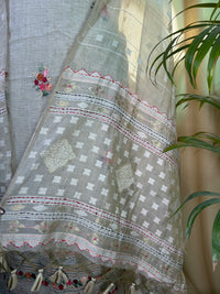 Soft Sage Linen Cotton Unstitched Suit with Floral Thread Work Dupatta