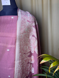 Dusty Rose Linen Cotton Suit with Floral Woven Dupatta – Light & Elegant Choice