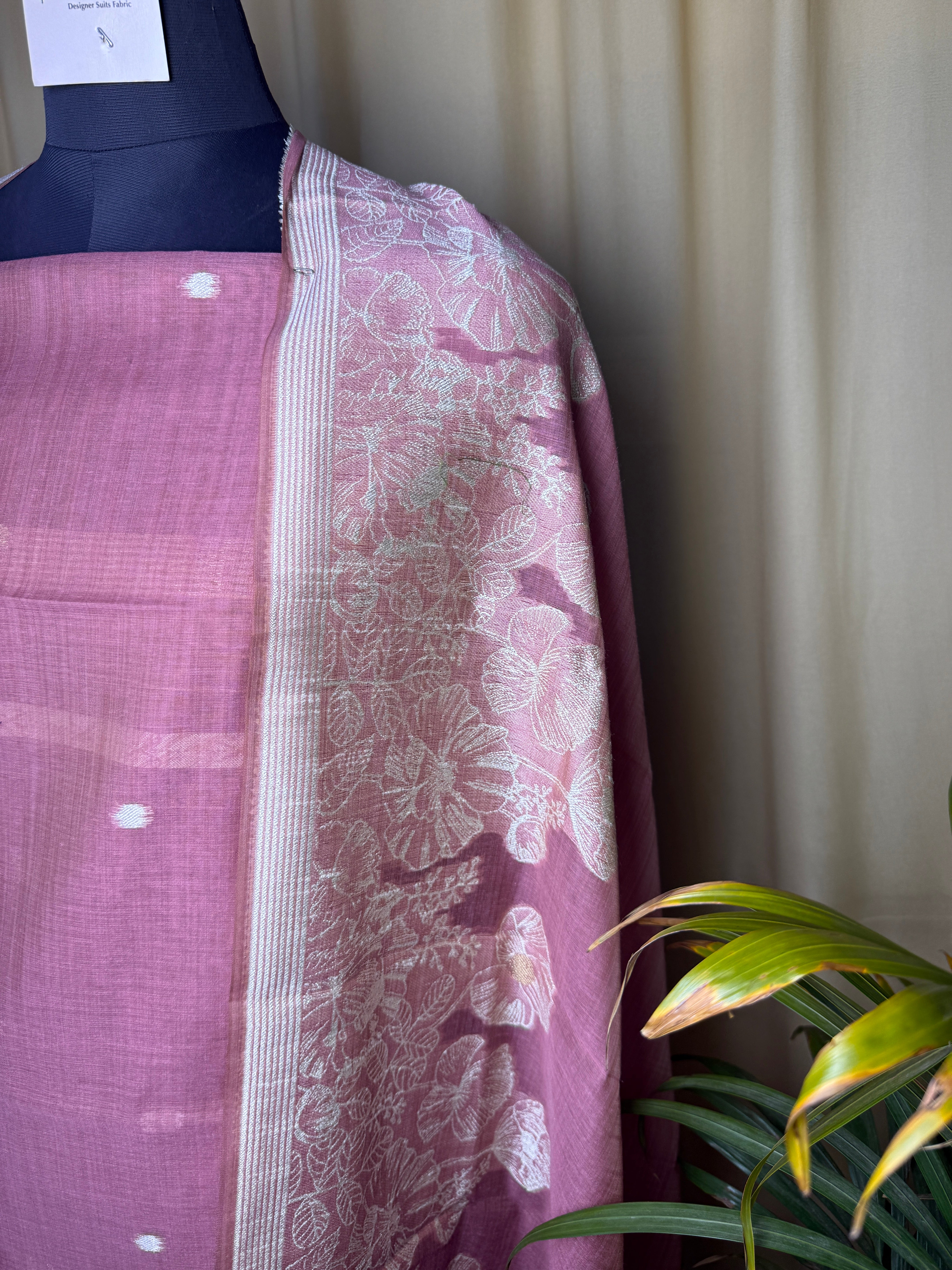 Dusty Rose Linen Cotton Suit with Floral Woven Dupatta – Light & Elegant Choice