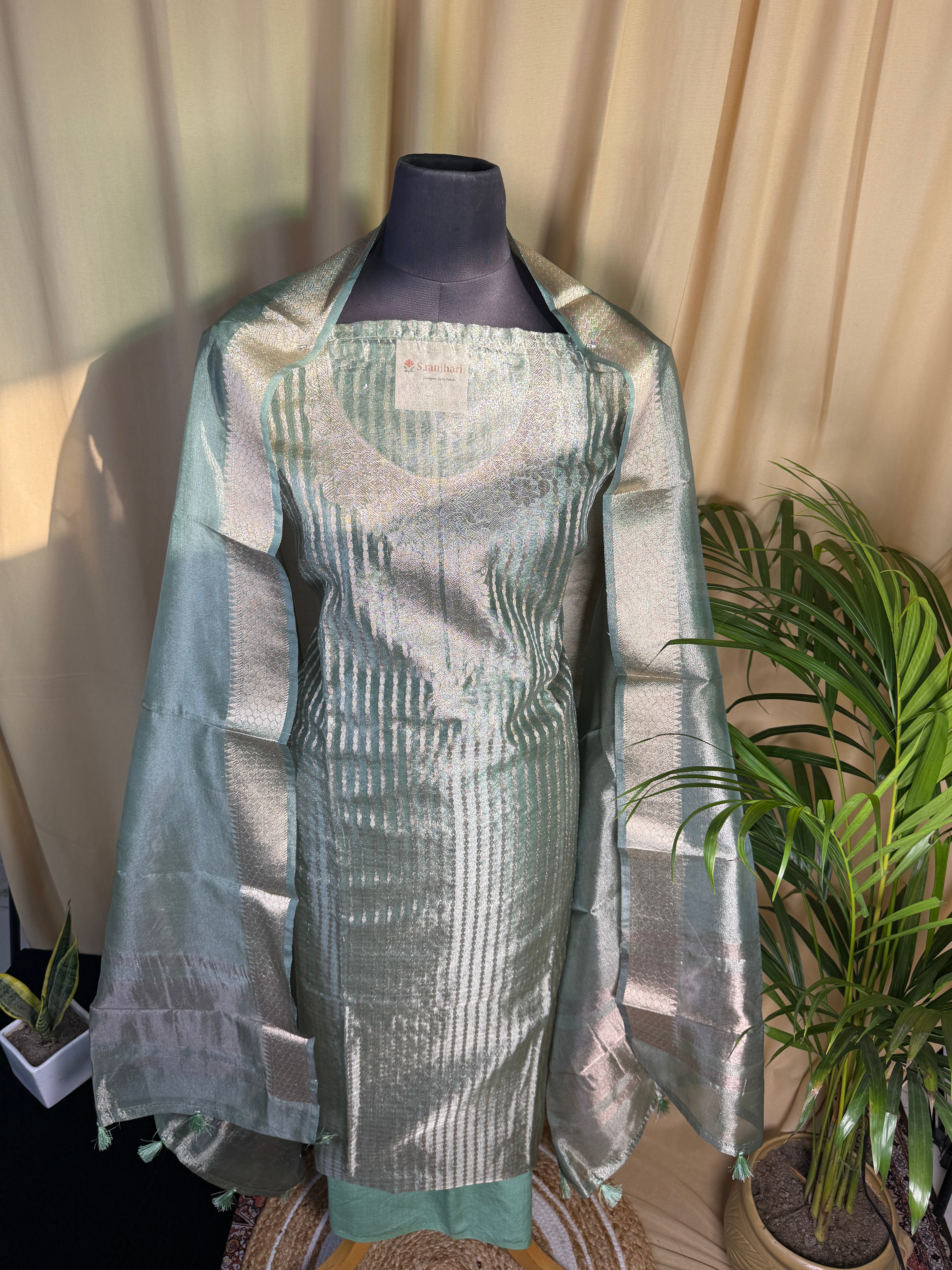 Mint Green Tissue Organza Suit with Soft Metallic Glow