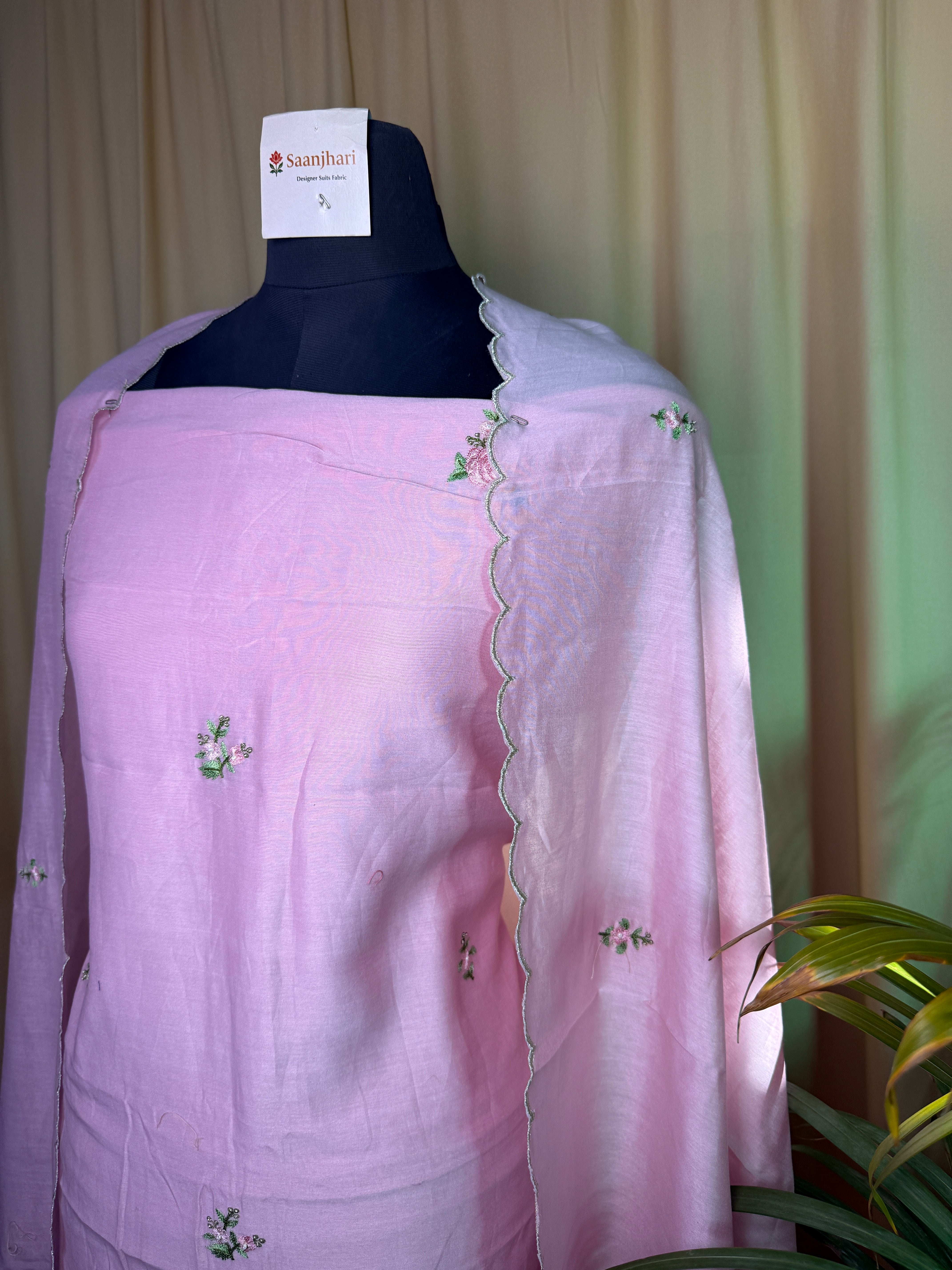 Blush Pink Mul Chanderi Unstitched Suit with Floral Thread Embroidery