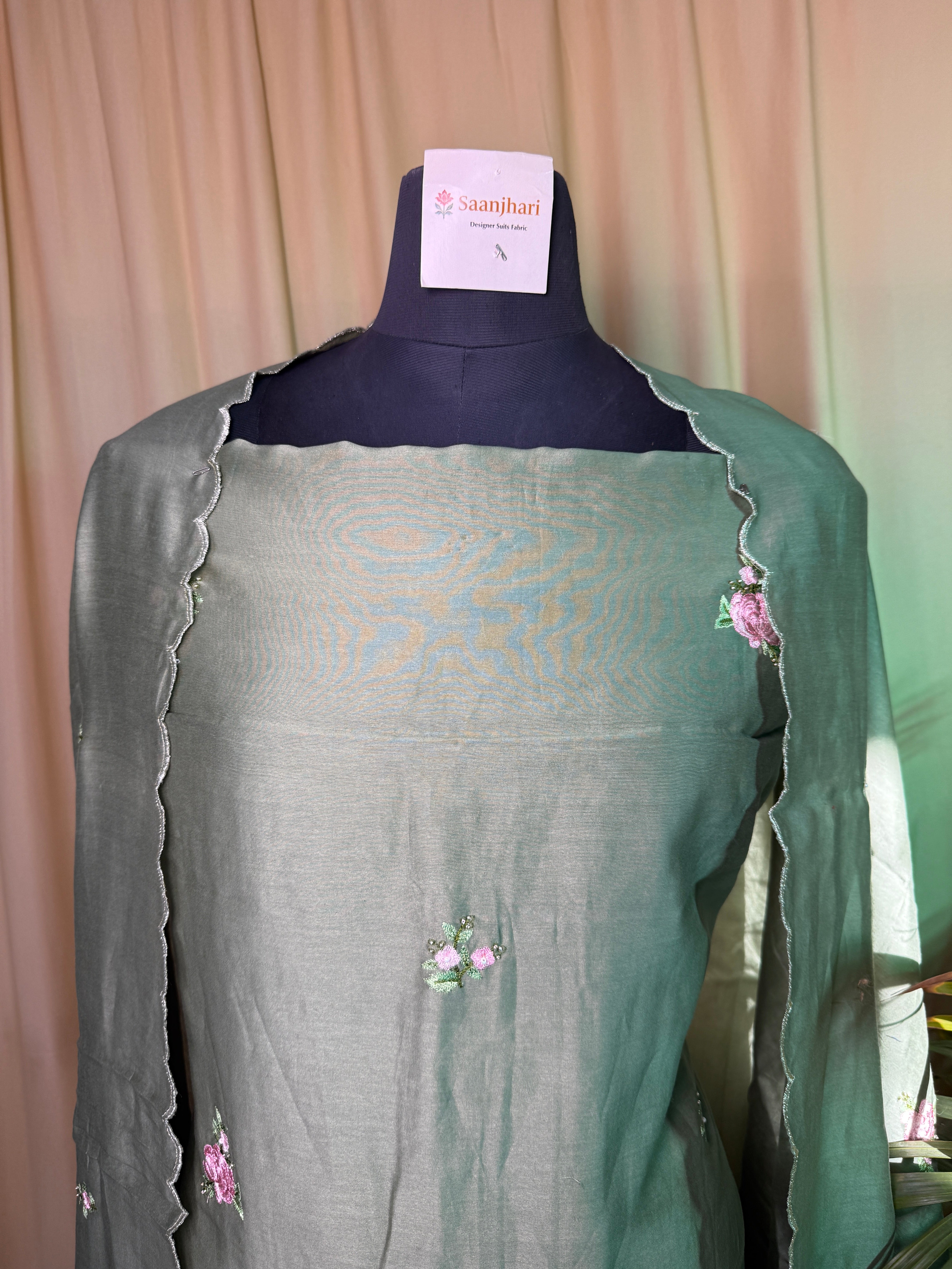 Elegant Soft Green Mul Chanderi Unstitched Suit – Premium Ethnic Wear