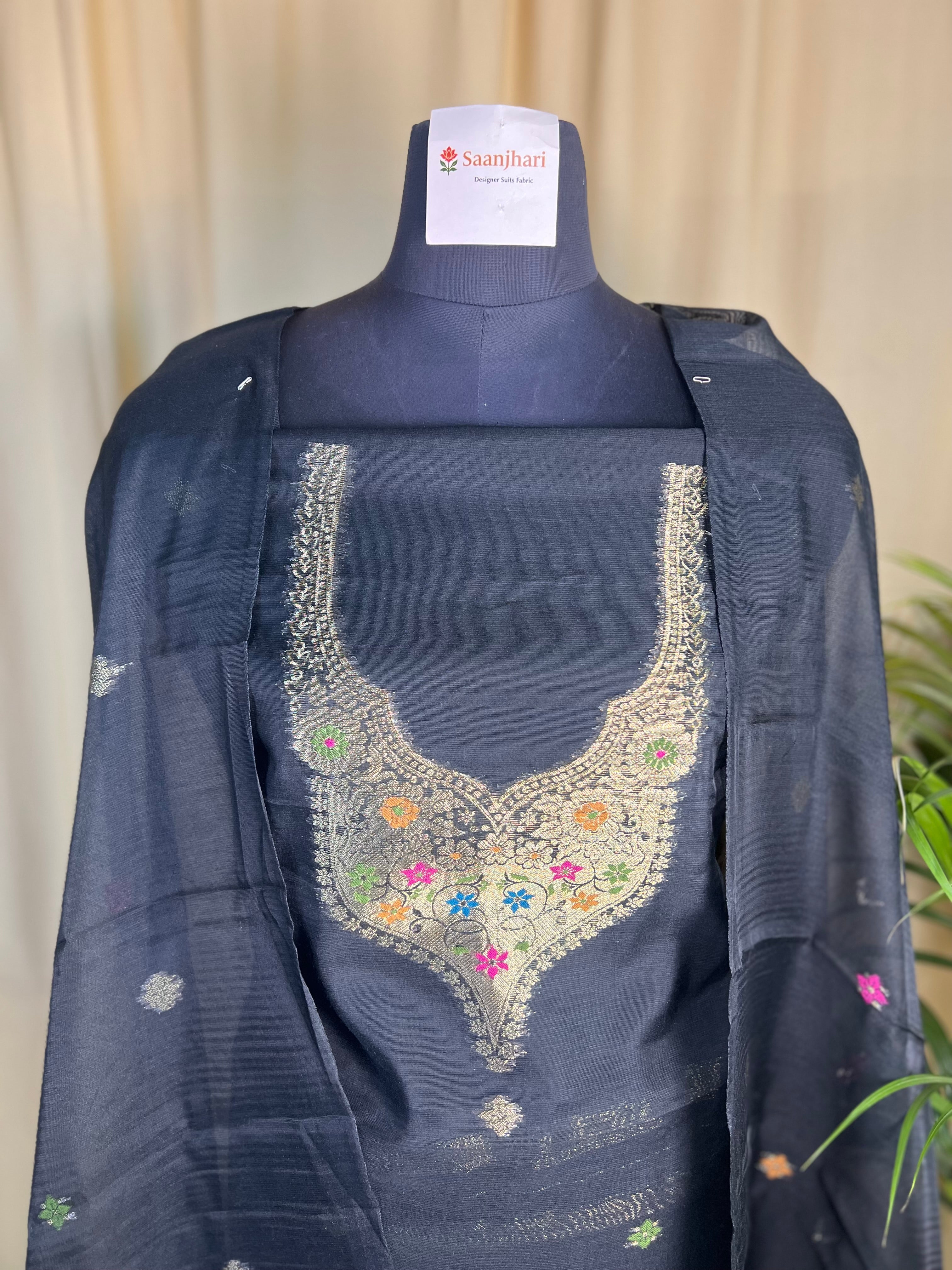 Charcoal Mul Chanderi Unstitched Suit with Zari Motif Dupatta
