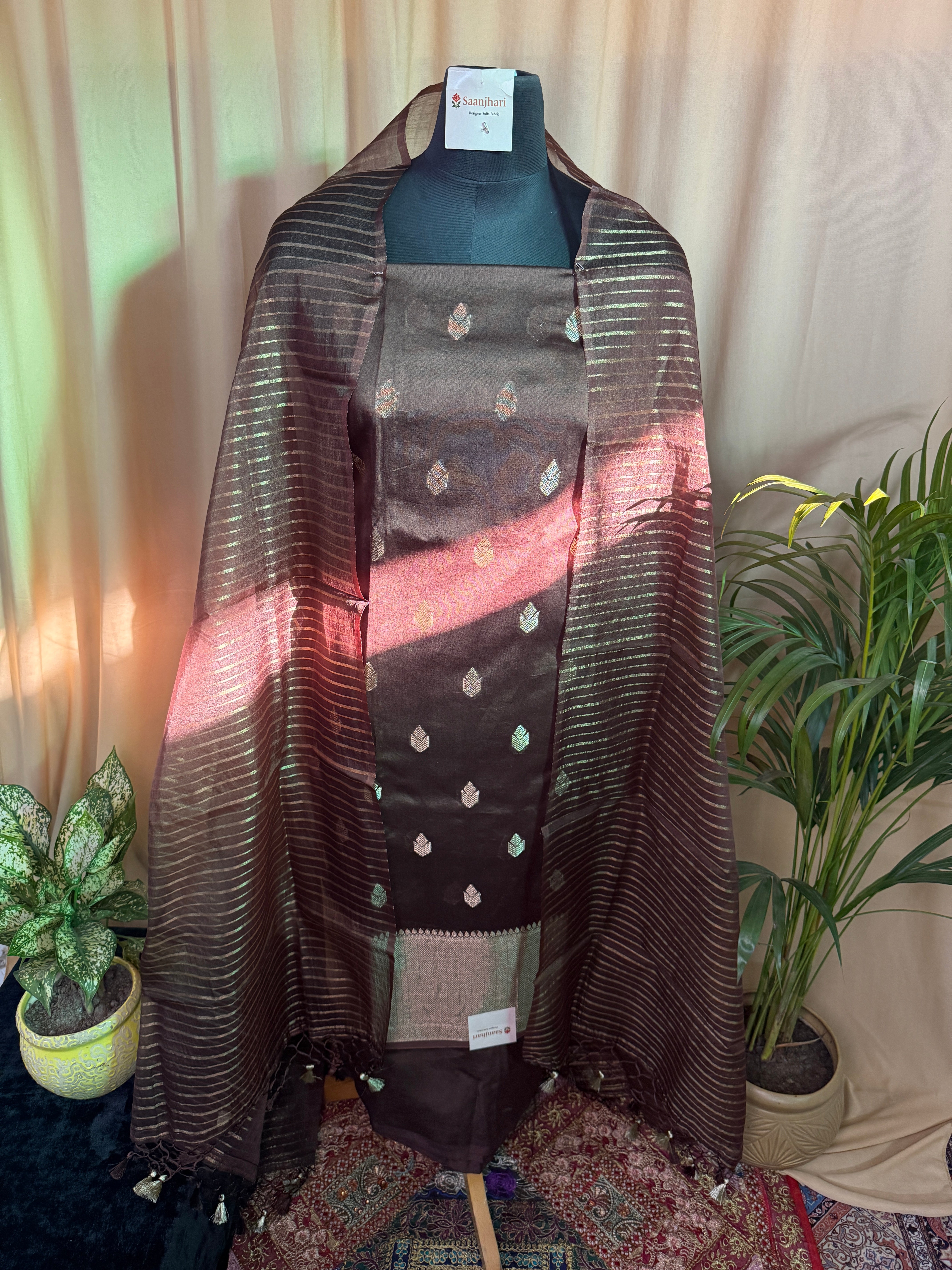 Elegant Brown Banarasi Silk Unstitched Suit with Soft Organza Dupatta