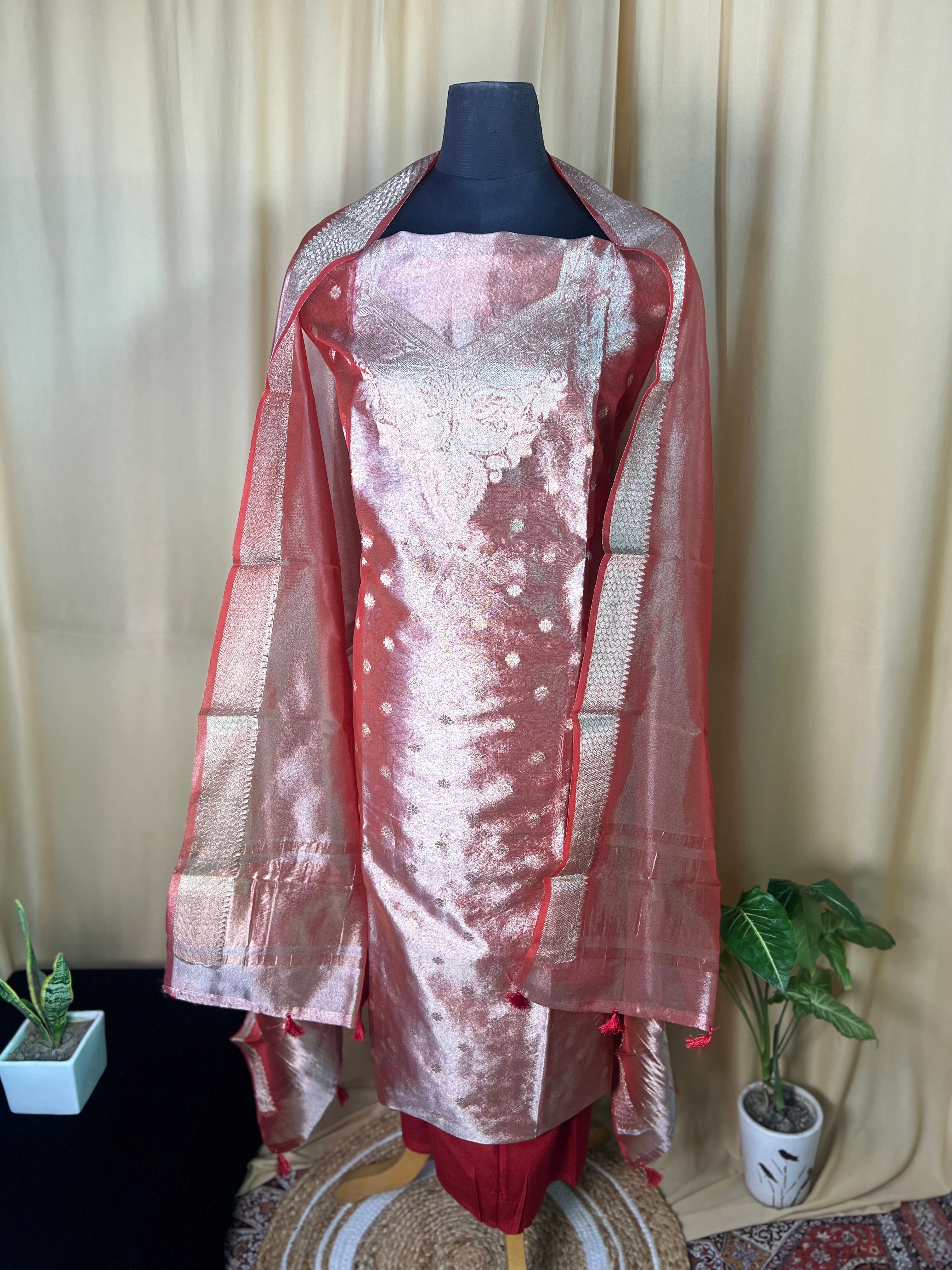 Red Tissue Organza Suit with Fine Zari Detailing & Dupatta
