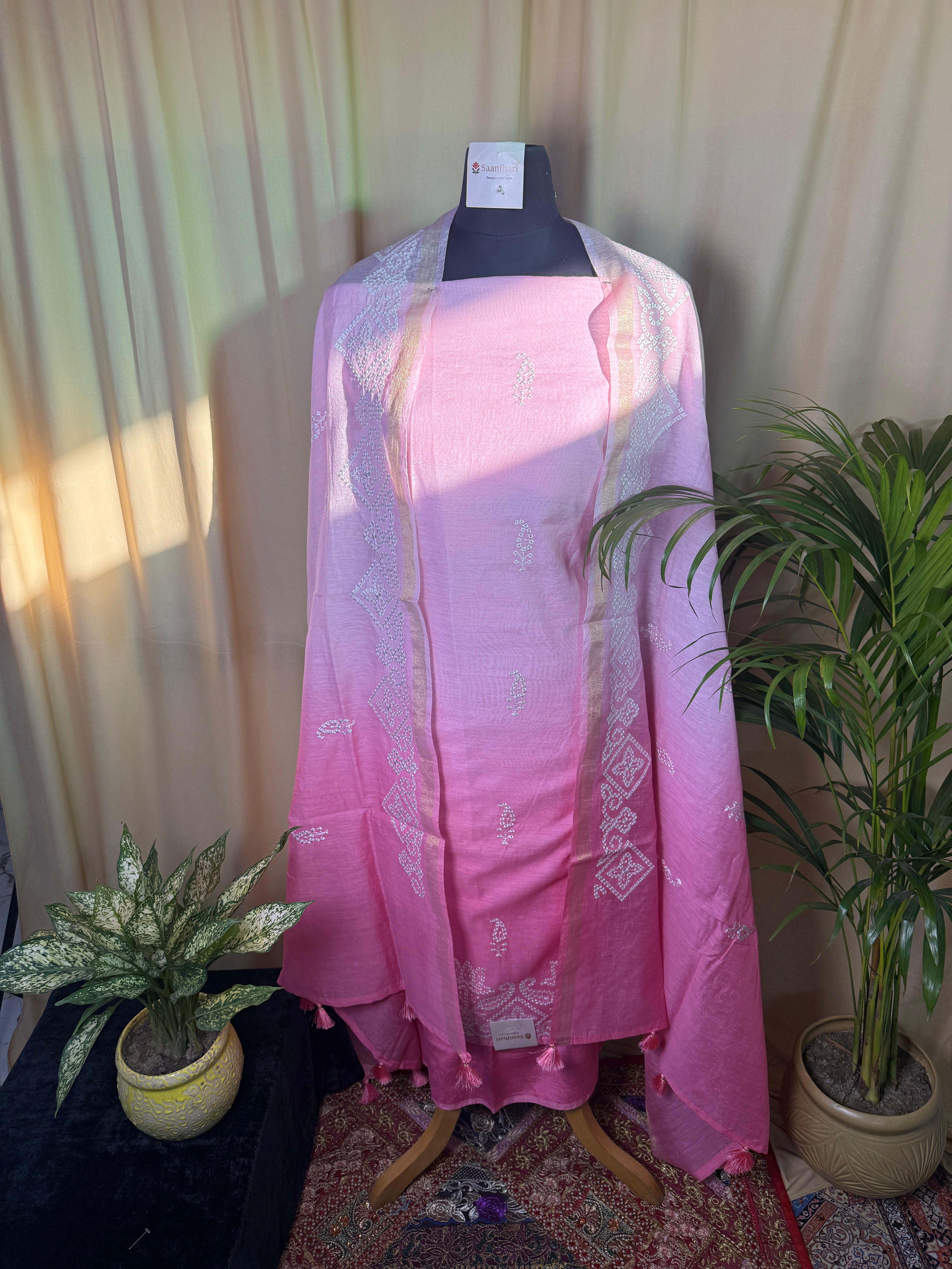 Soft Pink Linen Cotton Suit with Delicate Thread Work