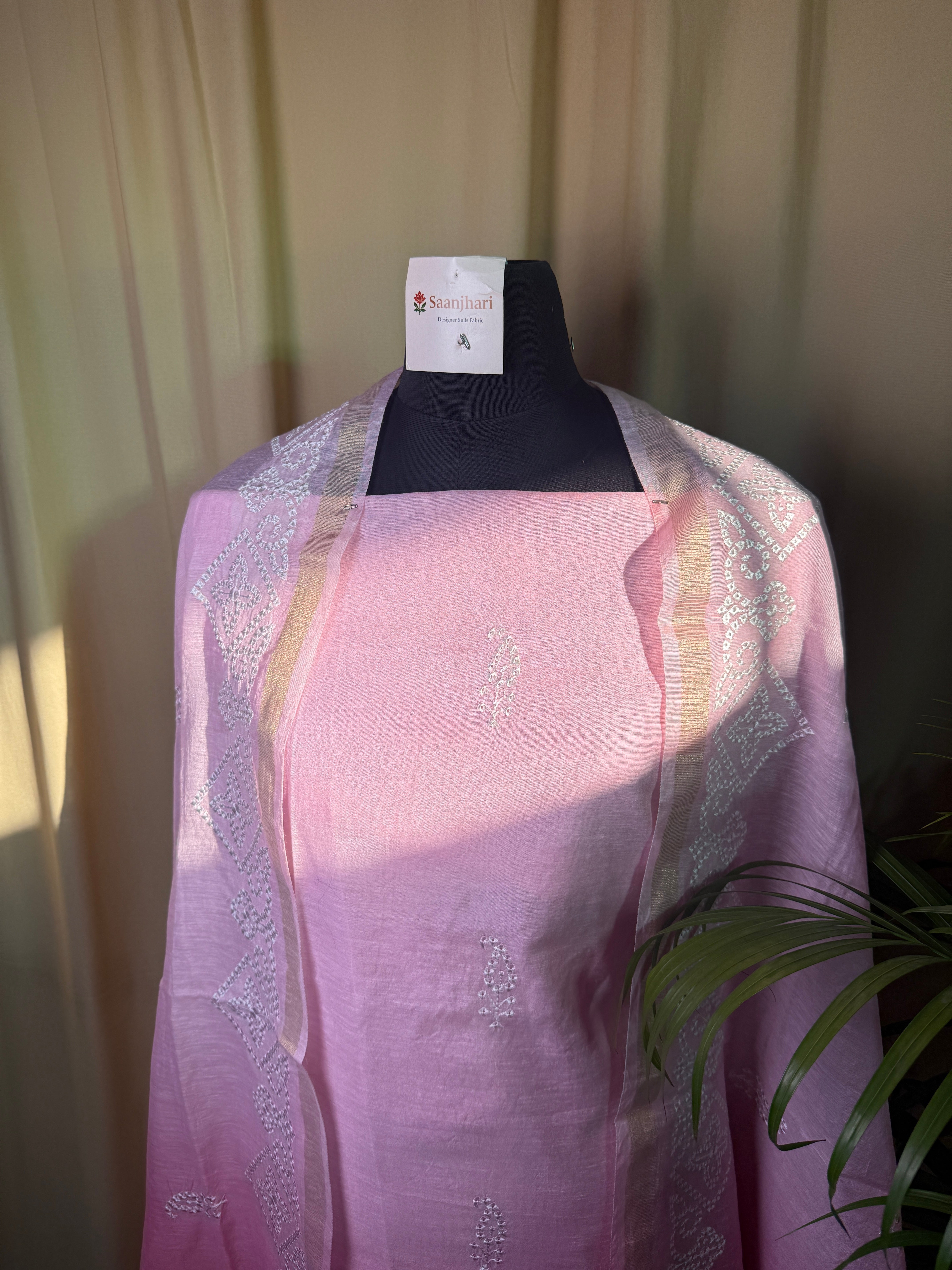 Soft Pink Linen Cotton Suit with Delicate Thread Work