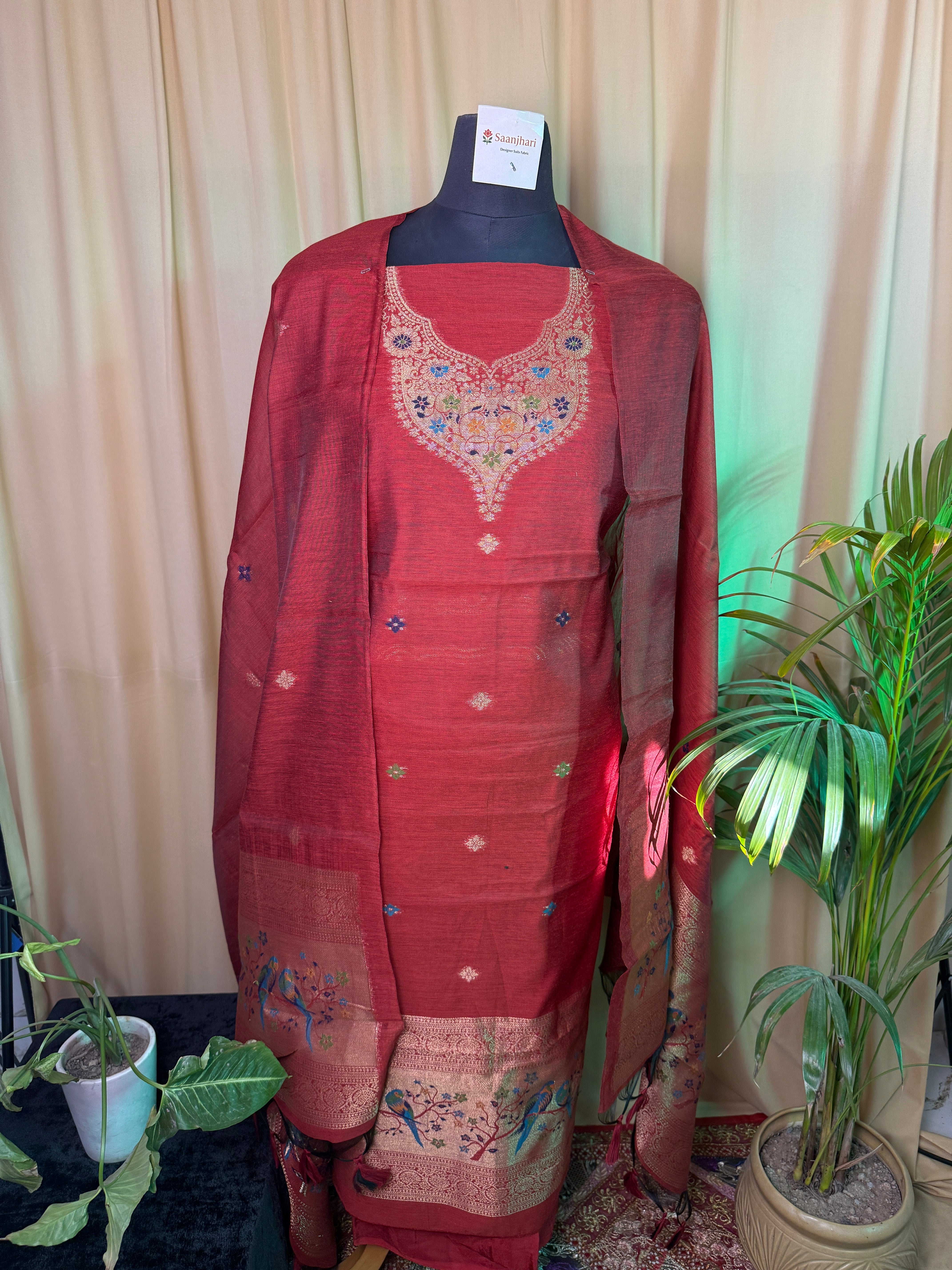 Chanderi  Silk Unstitched Suit with Zari Motifs Dupatta – Elegant Festive Ethnic Wear