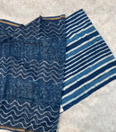 Indigo Hand Block Printed Pure Cotton Unstitched Suit Set with Kota Doria Dupatta
