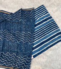 Indigo Hand Block Printed Pure Cotton Unstitched Suit Set with Kota Doria Dupatta