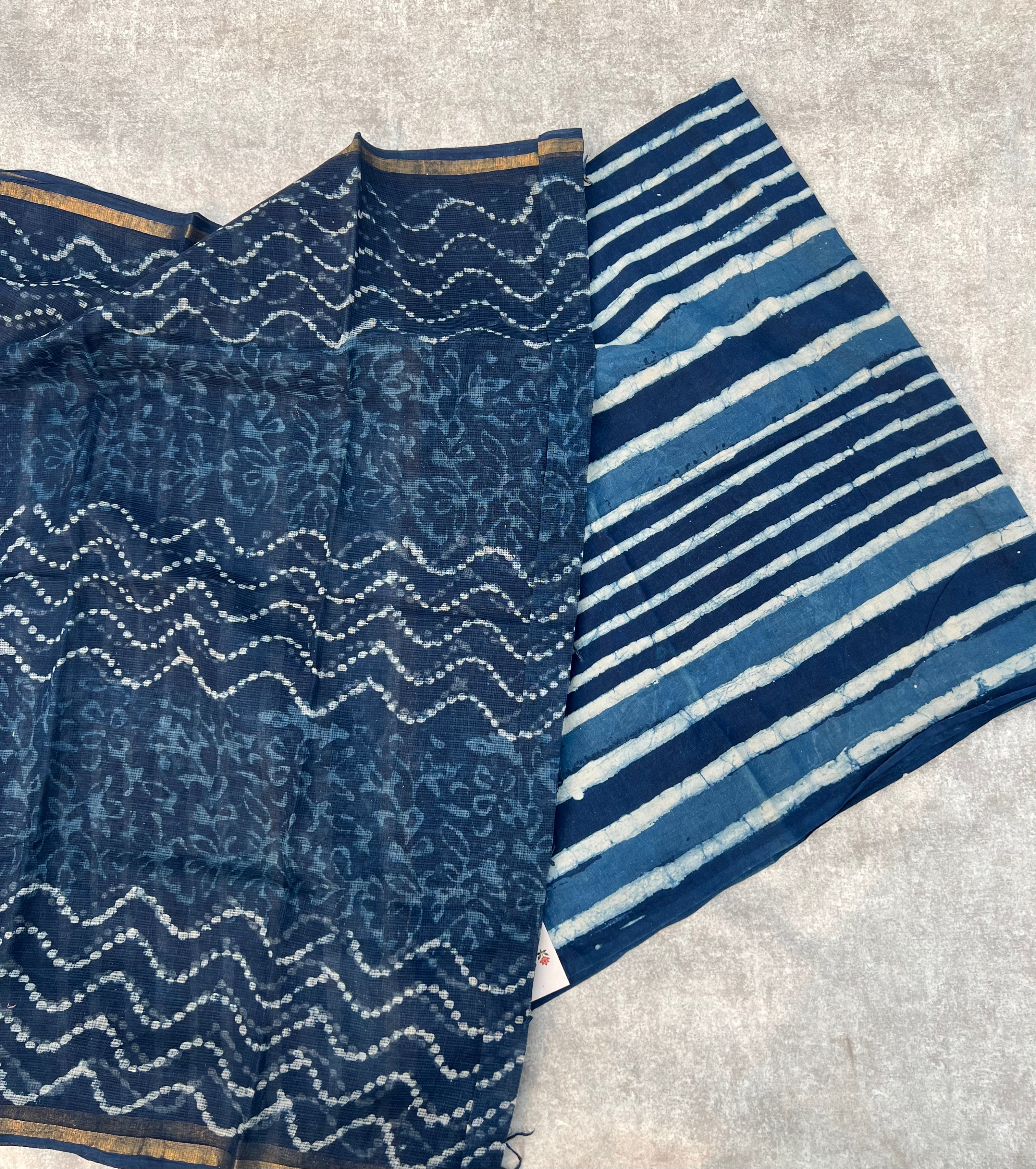 Indigo Hand Block Printed Pure Cotton Unstitched Suit Set with Kota Doria Dupatta