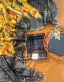 Chanderi Silk Unstitched Suit Set with Chanderi Dupatta – Yellow & Indigo Tie-Dye Design
