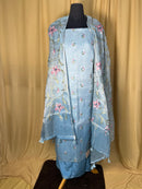 Blue Floral Embroidered Organza Suit with Dupatta