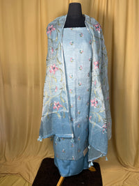 Blue Floral Embroidered Organza Suit with Dupatta