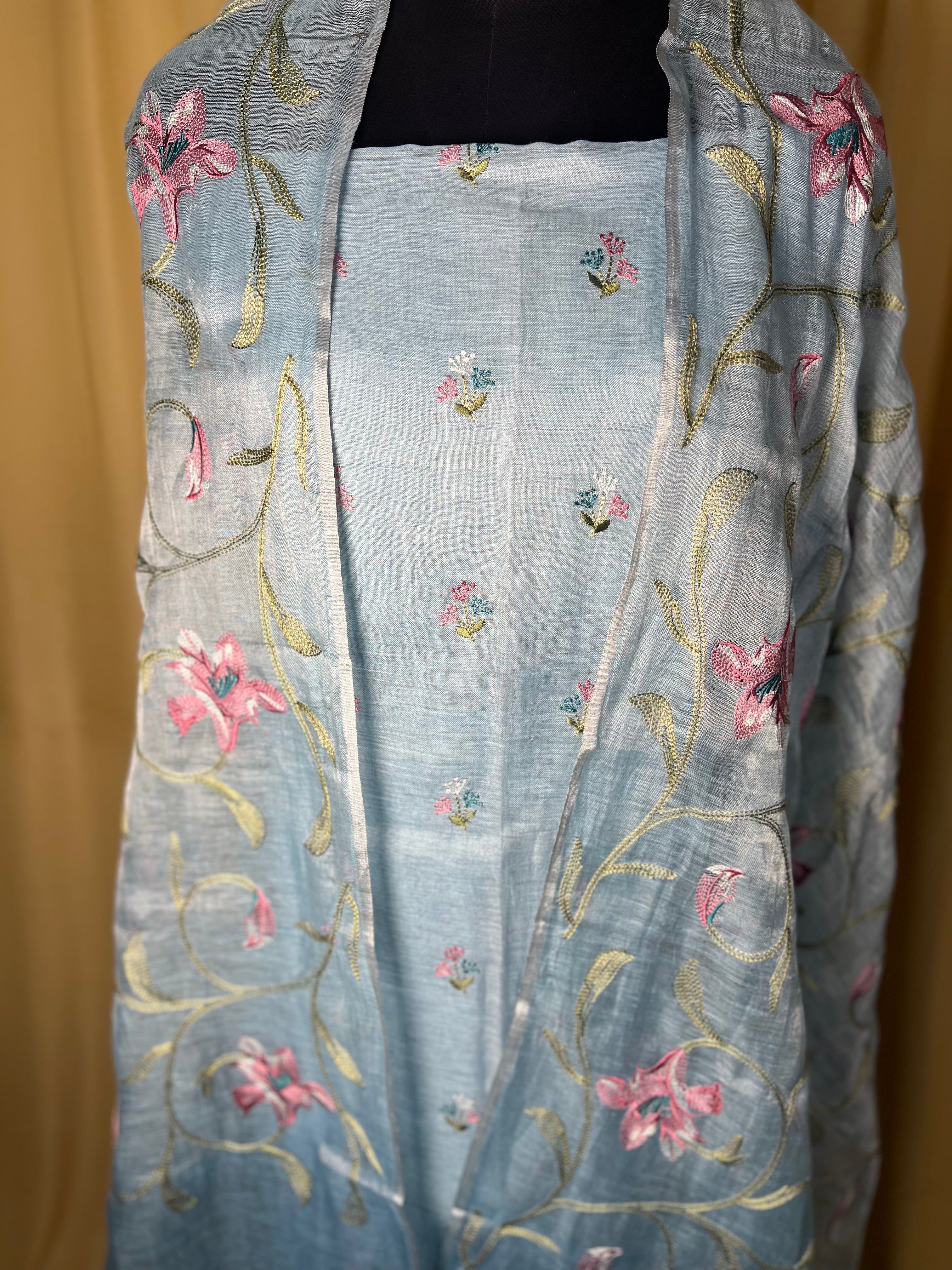 Blue Floral Embroidered Organza Suit with Dupatta