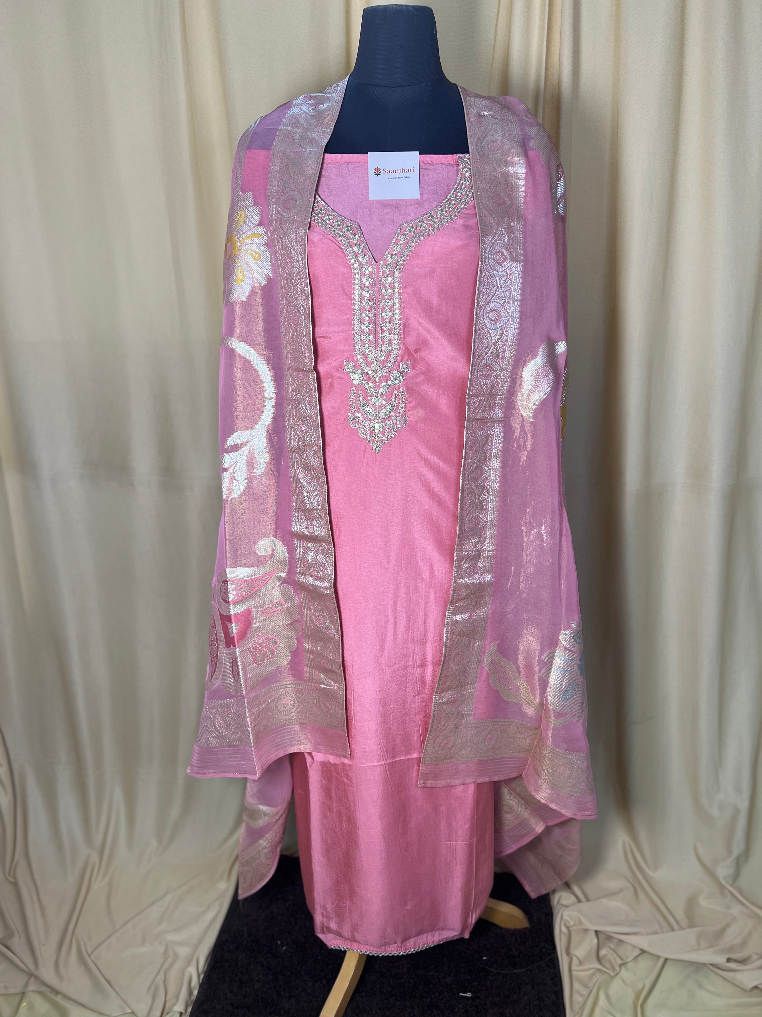 Pink Silk Suit with Elegant Neck Embroidery and Organza Dupatta