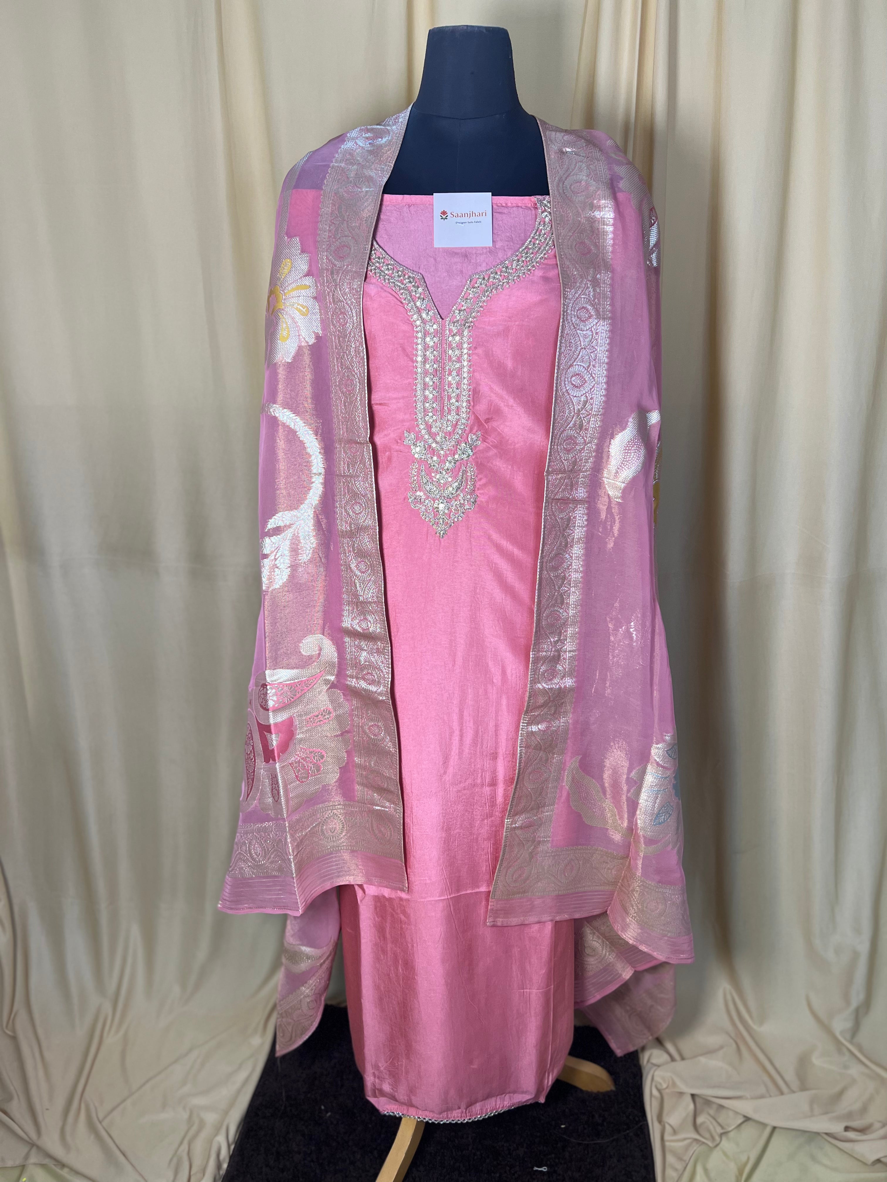 Pink Silk Suit with Elegant Neck Embroidery and Organza Dupatta