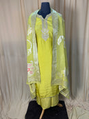 Lime Green Silk Suit with Beautiful Neck Embroidery and Organza Dupatta