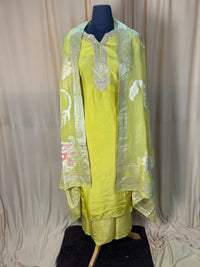 Lime Green Silk Suit with Beautiful Neck Embroidery and Organza Dupatta