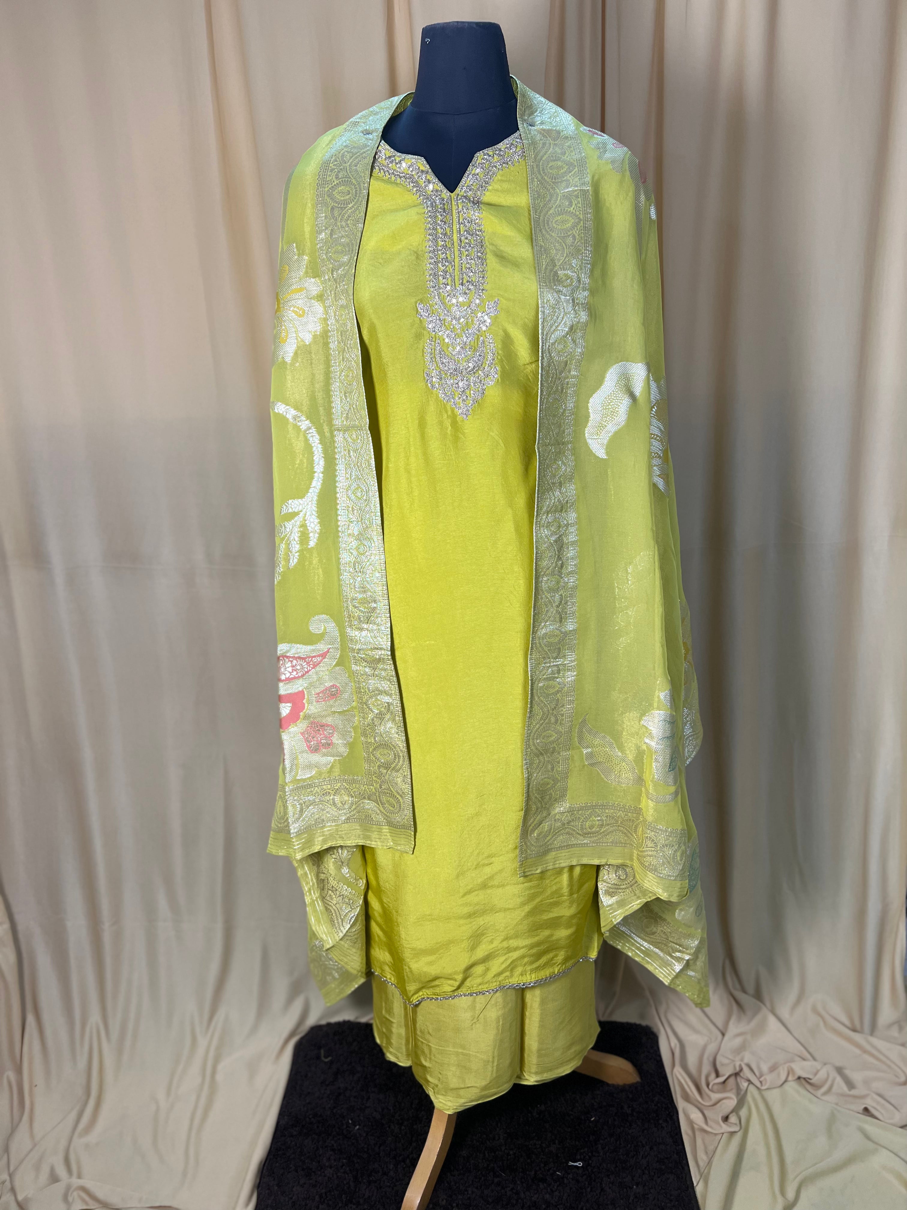 Lime Green Silk Suit with Beautiful Neck Embroidery and Organza Dupatta