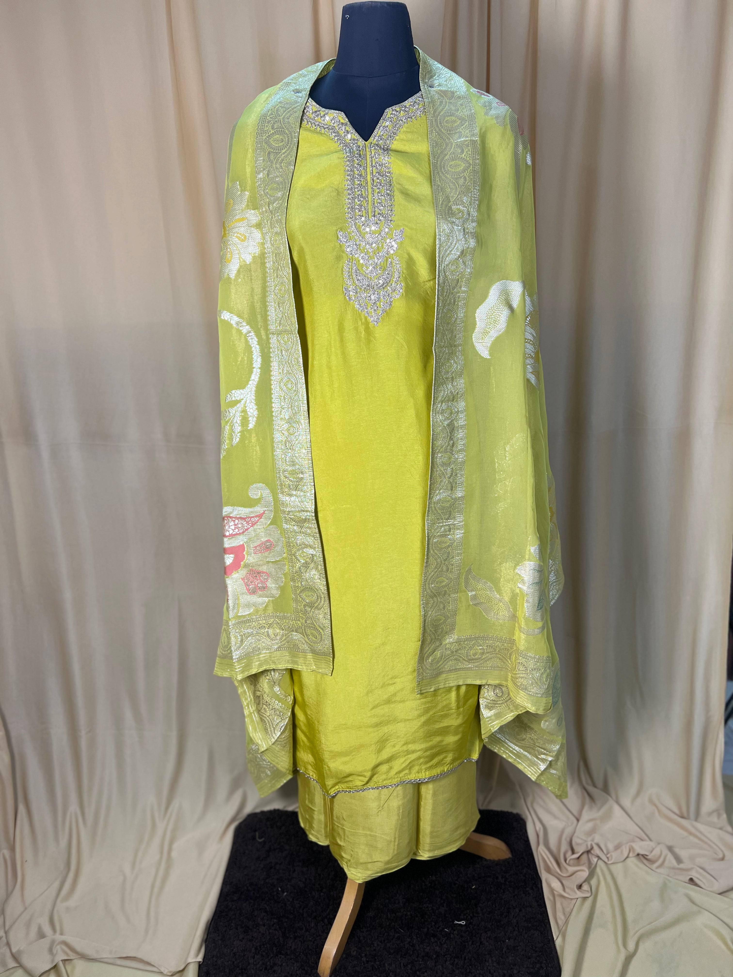 Lime Green Silk Suit with Beautiful Neck Embroidery and Organza Dupatta