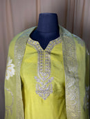 Lime Green Silk Suit with Beautiful Neck Embroidery and Organza Dupatta