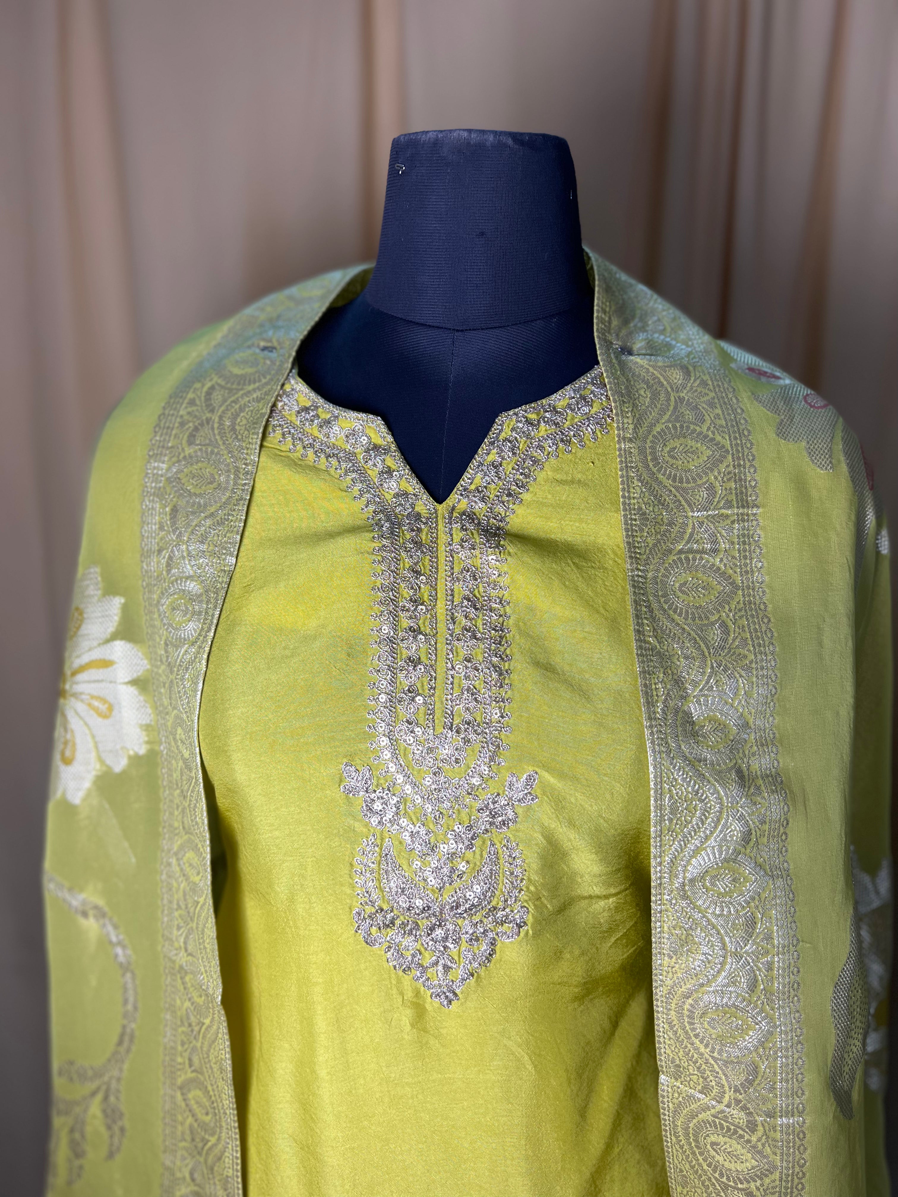 Lime Green Silk Suit with Beautiful Neck Embroidery and Organza Dupatta