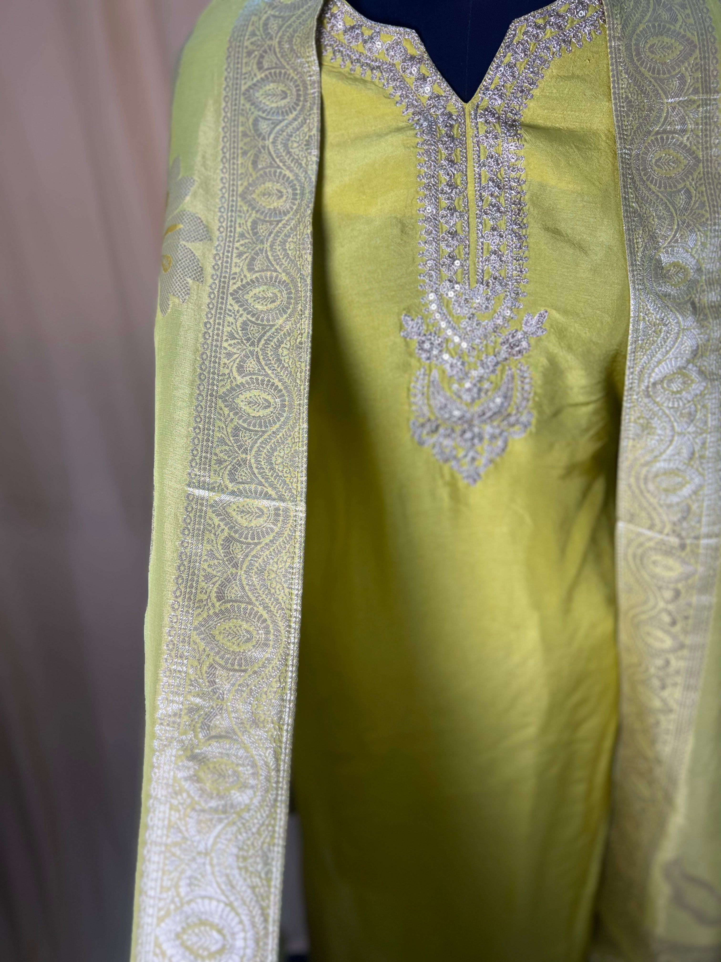 Lime Green Silk Suit with Beautiful Neck Embroidery and Organza Dupatta