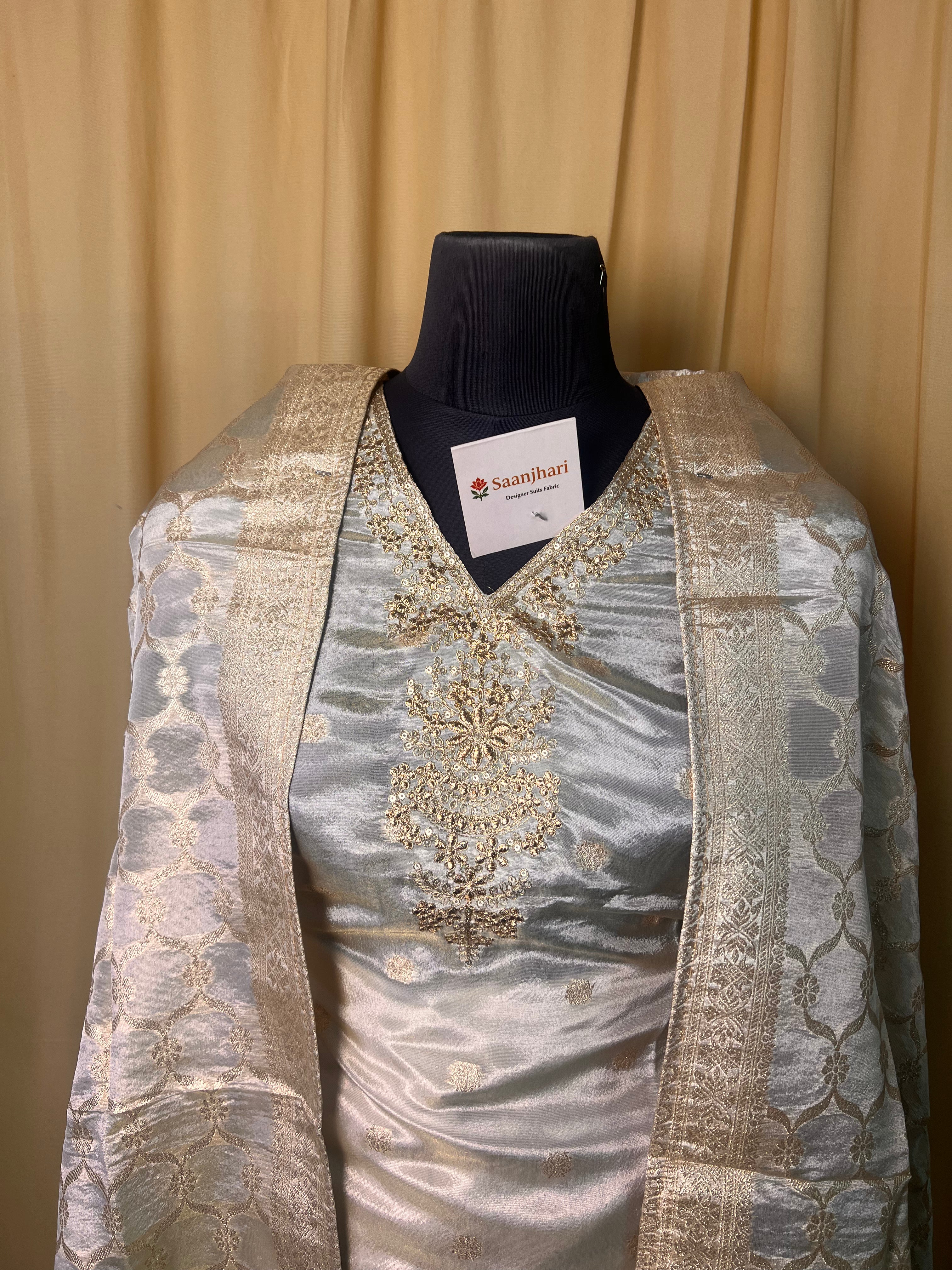 Graceful Ivory Silk Suit Set with Soft Gold Detailing