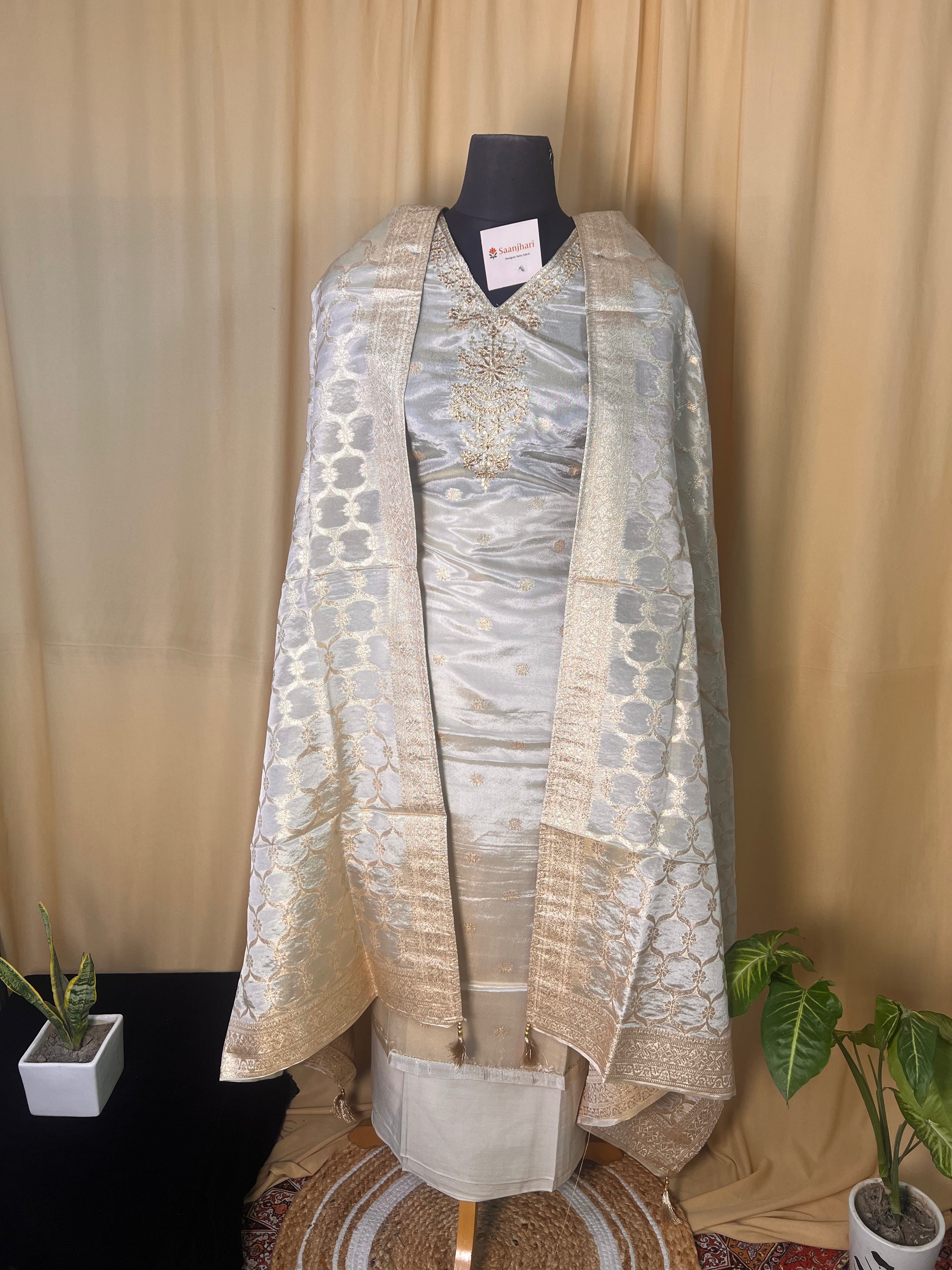 Graceful Ivory Silk Suit Set with Soft Gold Detailing