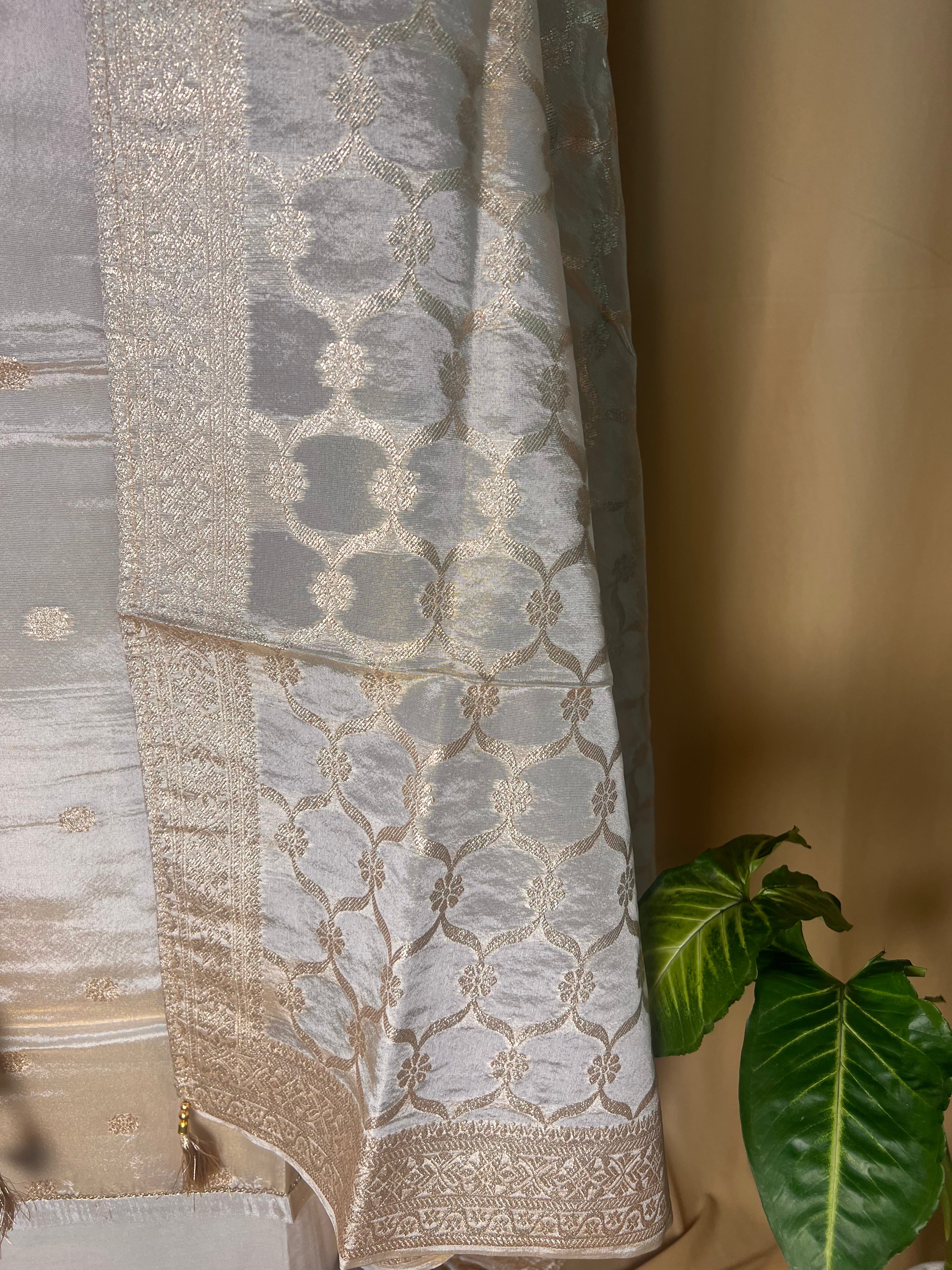 Graceful Ivory Silk Suit Set with Soft Gold Detailing