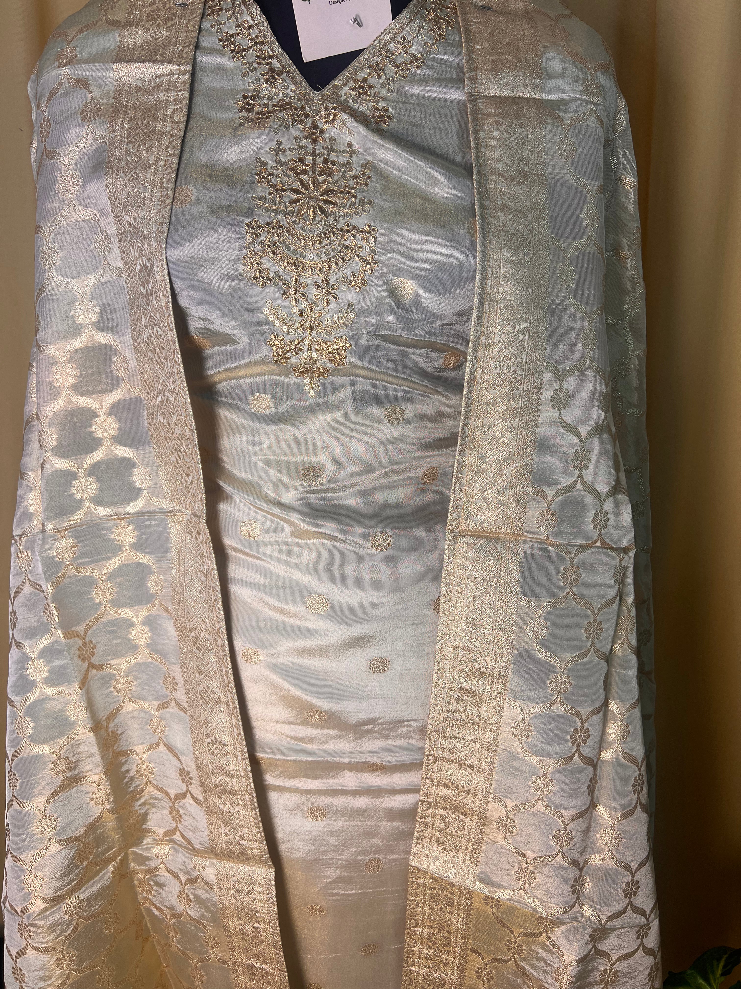 Graceful Ivory Silk Suit Set with Soft Gold Detailing